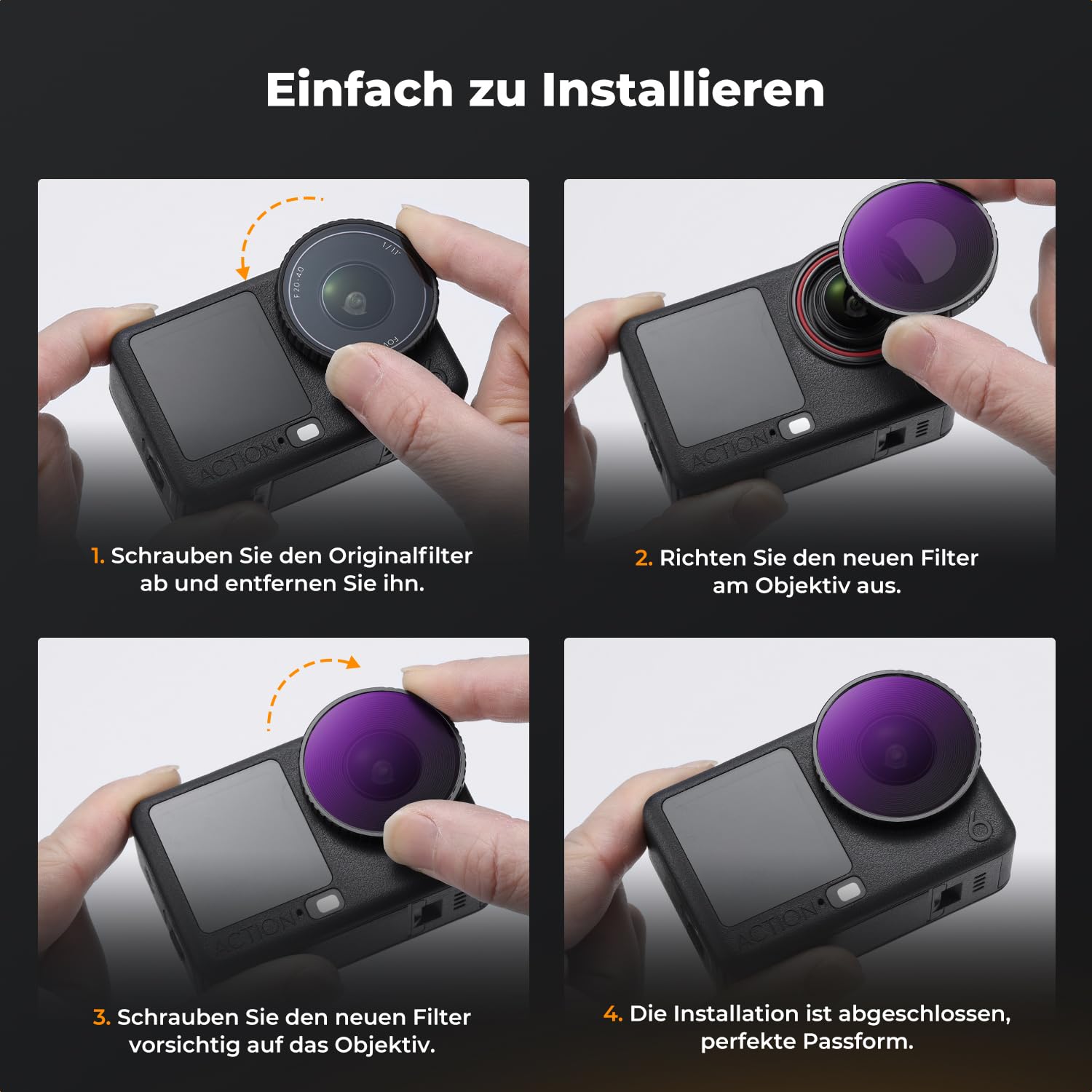 K&F CONCEPT ND Filter-Set Kompatibel mit DJI Osmo Action 6, Schraubenbefestigung Graufilter ND8 ND16 ND32 ND64 4er-Pack Lichtreduzierende Filter zur Belichtungssteuerung aus Optischem Glas