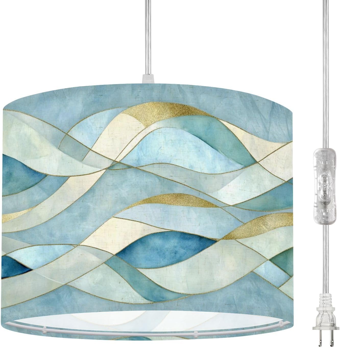 Plug in Pendant Light Abstract Blue Fluid Flow Beach Coastal Ocean Hues Gold Accents Wave Hanging Light with Plug in Clear Cord Dimmable Switch Linen Shade Hanging Lamp Fixture for Bedroom Kitchen