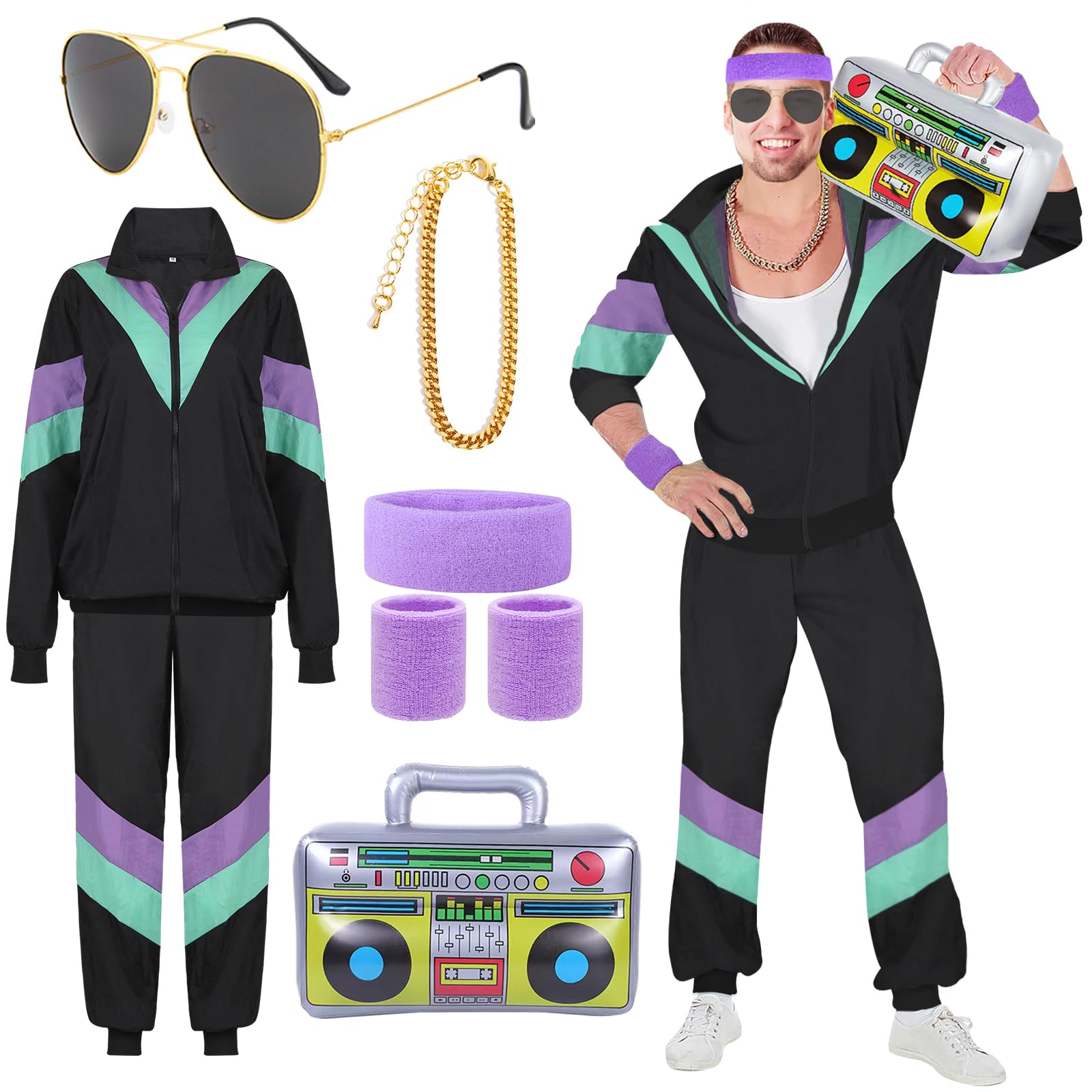 80s Fancy Dress Shell Suit Costume for Men and Women - Retro Rave Scouser Stag Do Outfit - Tracksuit With Black Jackets, Pants, and Accessories (M)