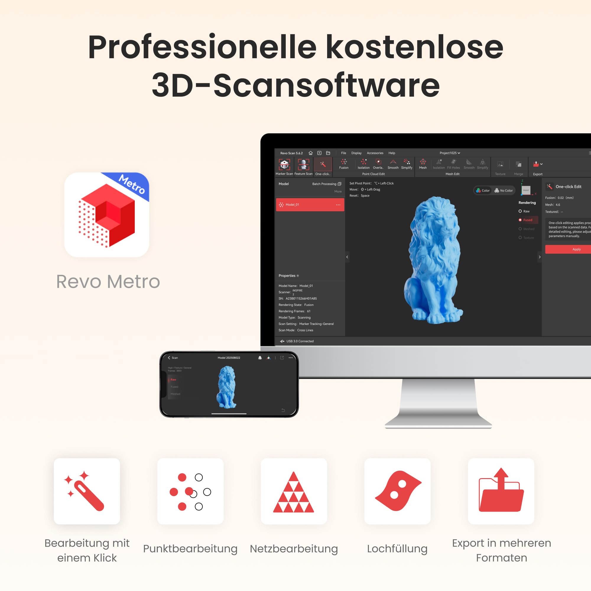 Revopoint INSPIRE 2 3D-Scanner für 3D-Druck, bis zu 0,03 mm Präzision, Mehrstrahl-Laser & Strukturiertes Licht, Scannen im Freien & Kabelloses Scannen, Vollfarbscans, Optischer Zoom, 190g, Standard