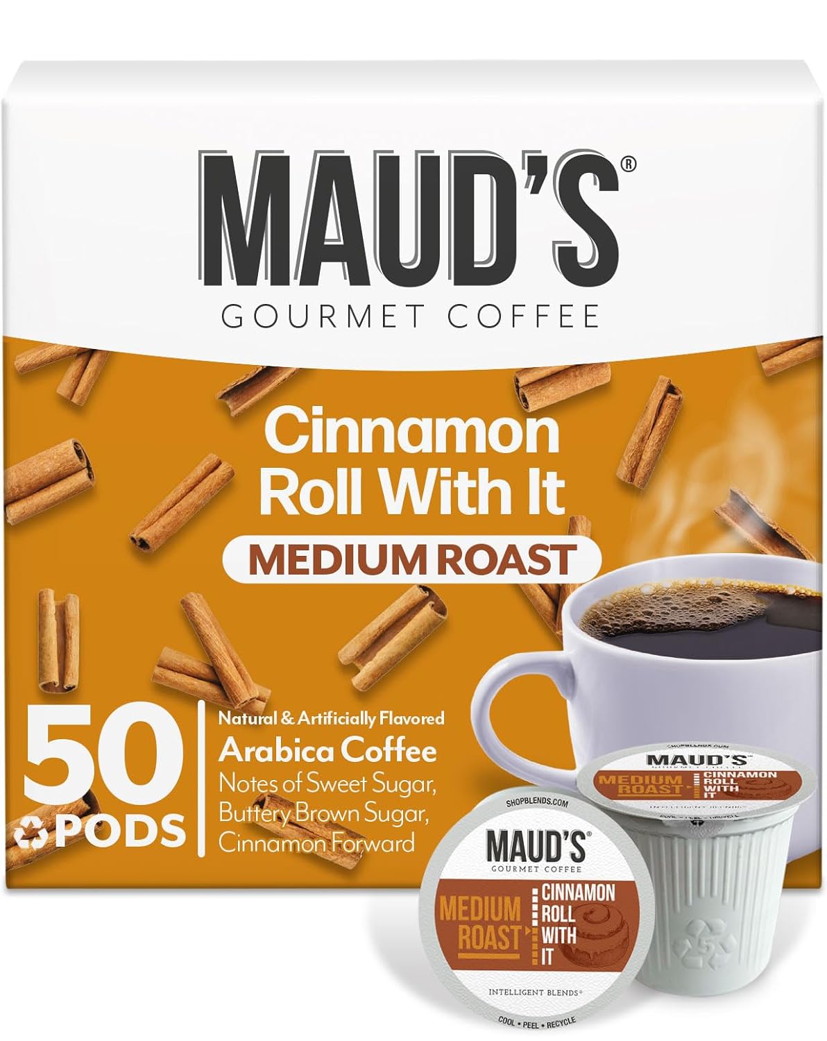 Maud's Cinnamon Roll Flavored Coffee Pods, 50 ct, Medium Roast Flavored Coffee in Recyclable Single Serve Pods  100% Arabica Beans, Compatible with Keurig K Cups Maker