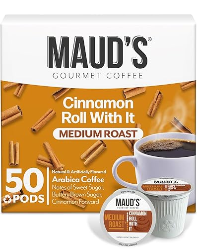 Maud's Cinnamon Roll Flavored Coffee Pods, 50 ct, Medium Roast Flavored Coffee in Recyclable Single Serve Pods – 100% Arabica Beans, Compatible with Keurig K Cups Maker - Cinnamon Roll - 50 Count (Pack of 1)