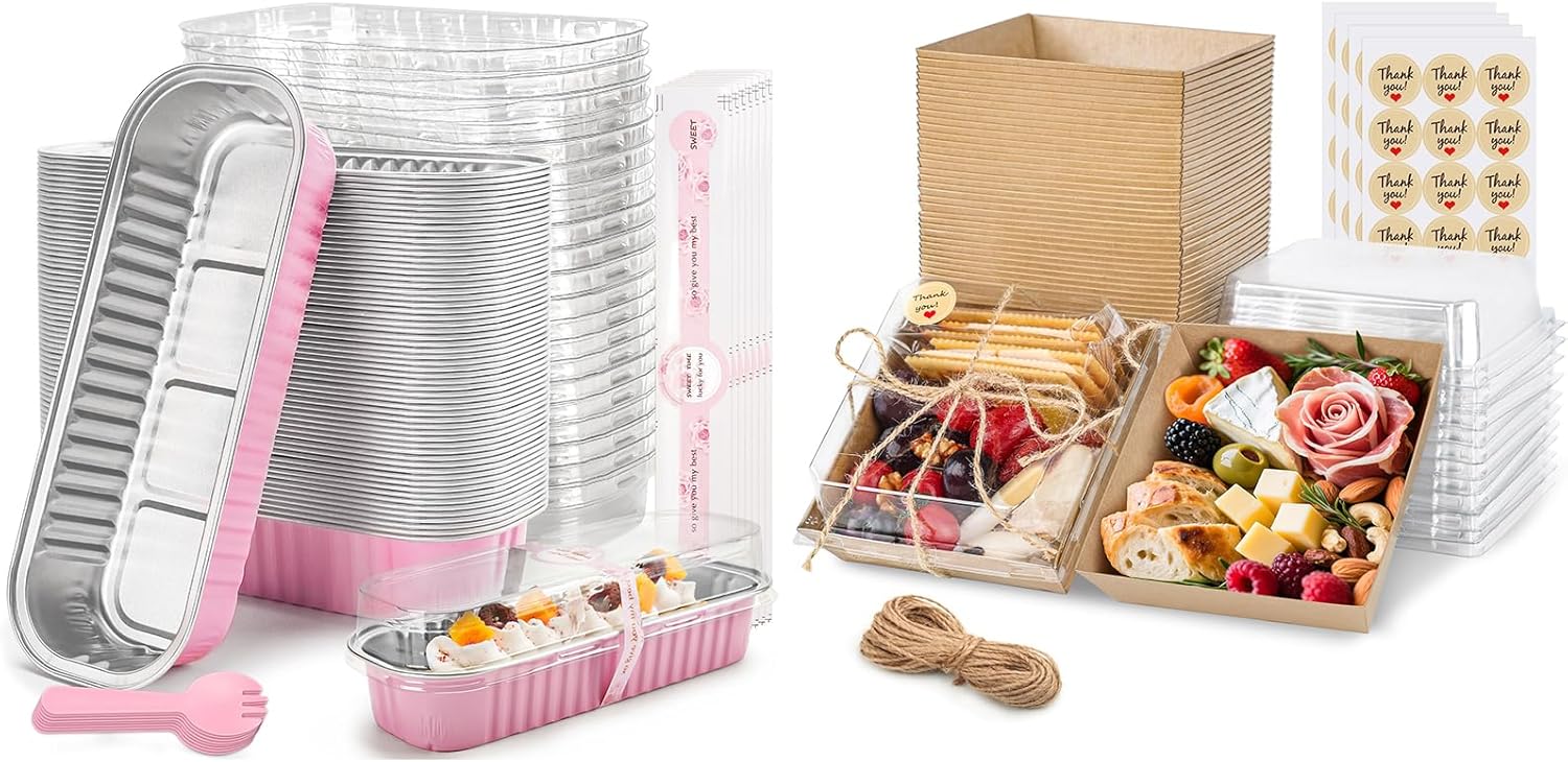 Bundle of 50 Pack Mini Loaf Pans with Lids and 50 Pack Charcuterie Boxes with Clear Lids for Large Gatherings Picnics Vacations Parties