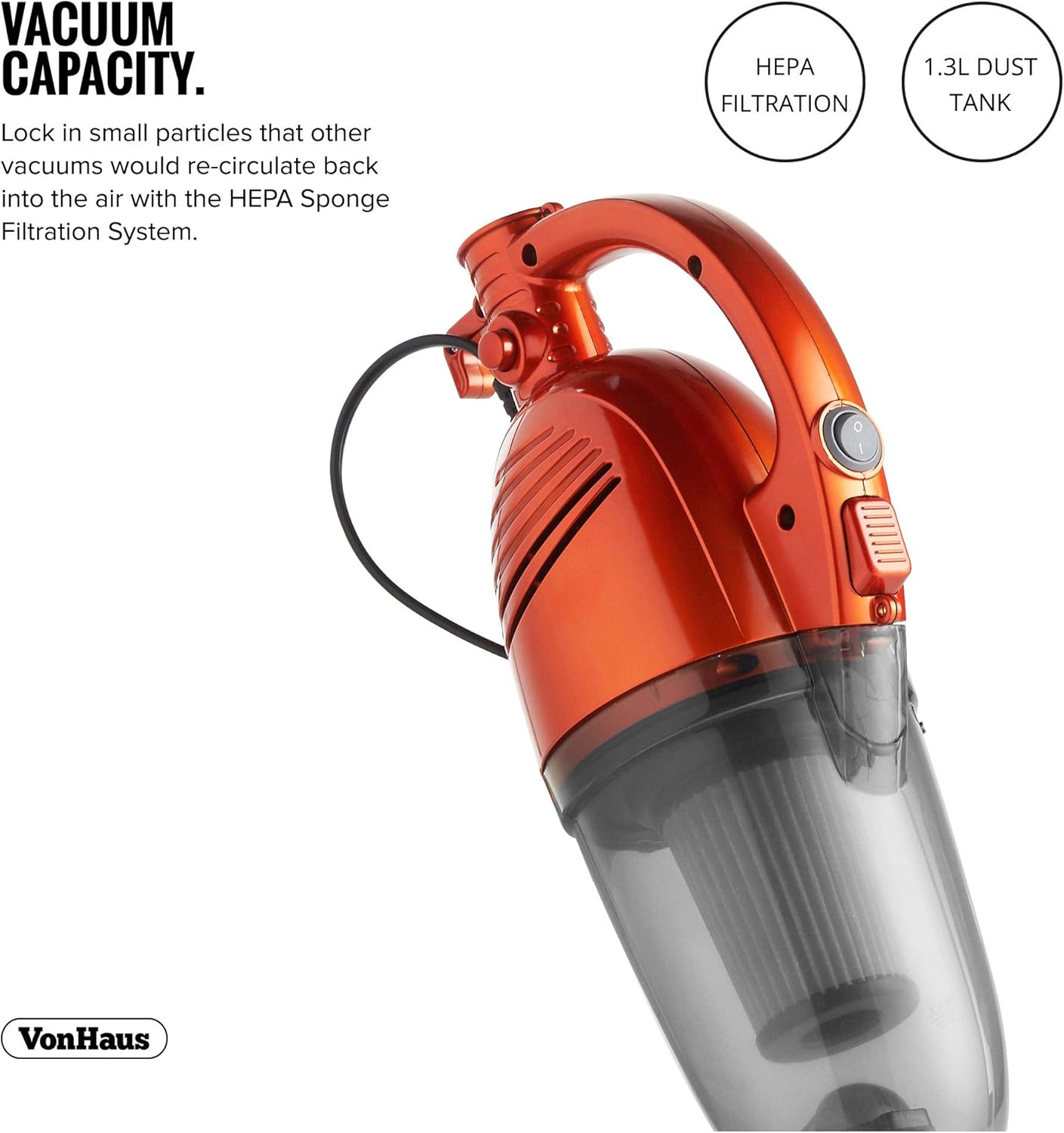 VonHaus EPT2 vacuum showing 1.3L dust tank and HEPA filtration
