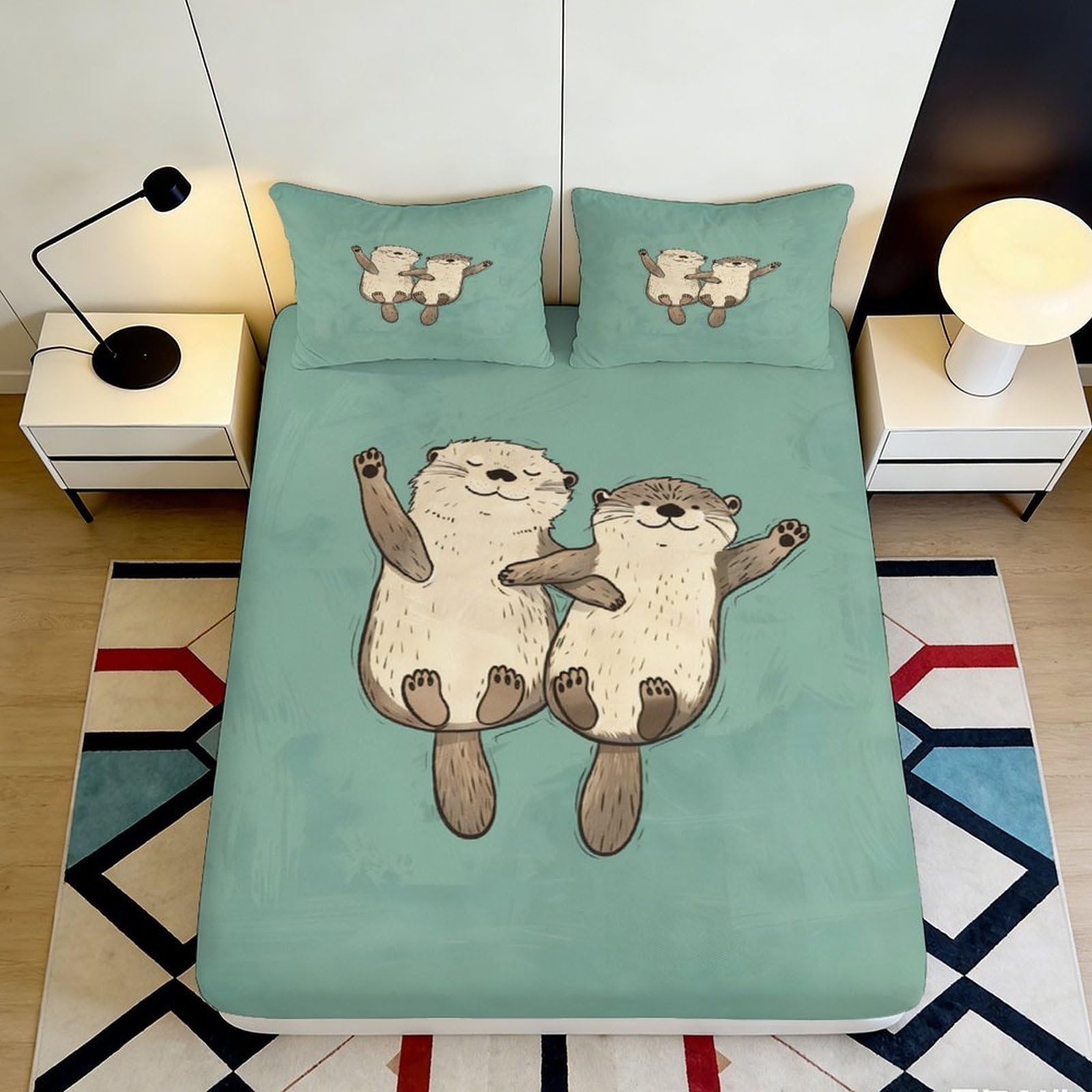 3D Printed Otter Pattern Fitted Sheet Microfiber Soft Breathable Otter Design Bed Cover for Bedroom Dormitory Guest Room Mattress Protection 140x200x25cm