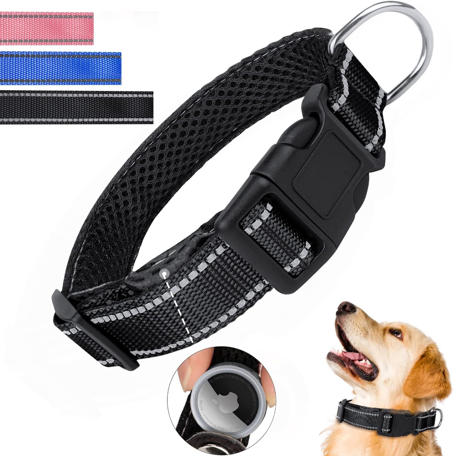 Reflective AirTag Dog Collar, Breathable Black Nylon Dog Collar with Airtag Holder, The Waterproof Dog Collar Airtag, Dog Tracking…