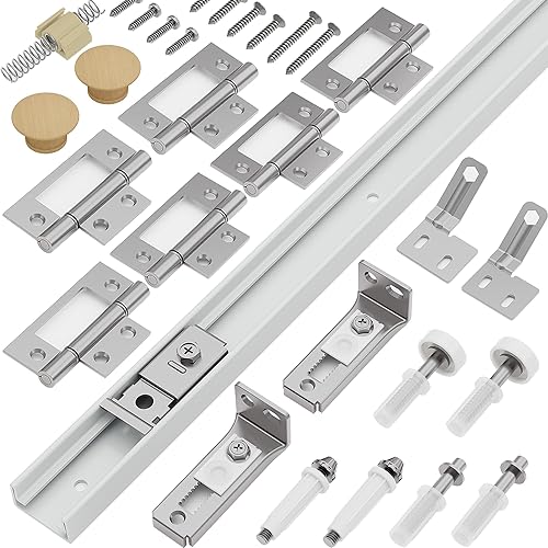 Closet Bifold Door Hardware & 48 Inch Track Kit, Folding Doors Bi-Fold Puertas Repair Replacement Kit for Bedroom Laundry, Parts with Rail Floor & Top Bracket Pivot Pin Guide Roller Hinge Knob