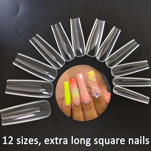 Miniatura 2 de 240 piezas XL de puntas de uñas acrílicas cuadradas transparentes de cobertura completa, uñas postizas extralargas cuadradas, uñas a presión