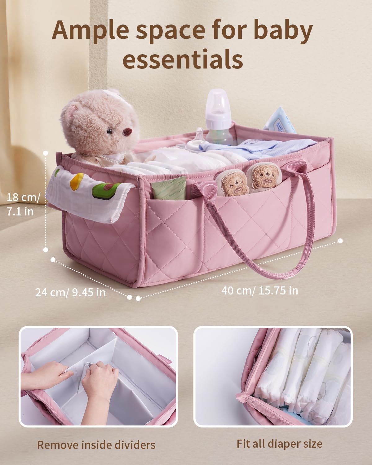 CEI-CEI Baby Diaper Caddy Organizer with Handle, Large Portable Nursery Storage Basket for Newborn Essentials, Changing Table and Car Organizer, Gift for Baby Shower