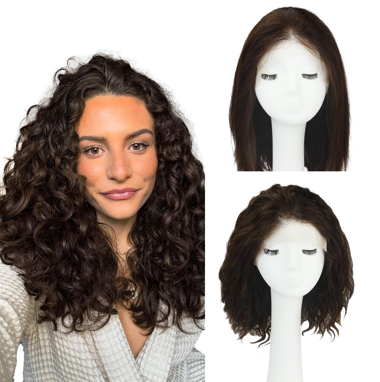 WORLDSTAR Naturwellen Perücke Echthaar,Lace Front Perücke Braun 120G