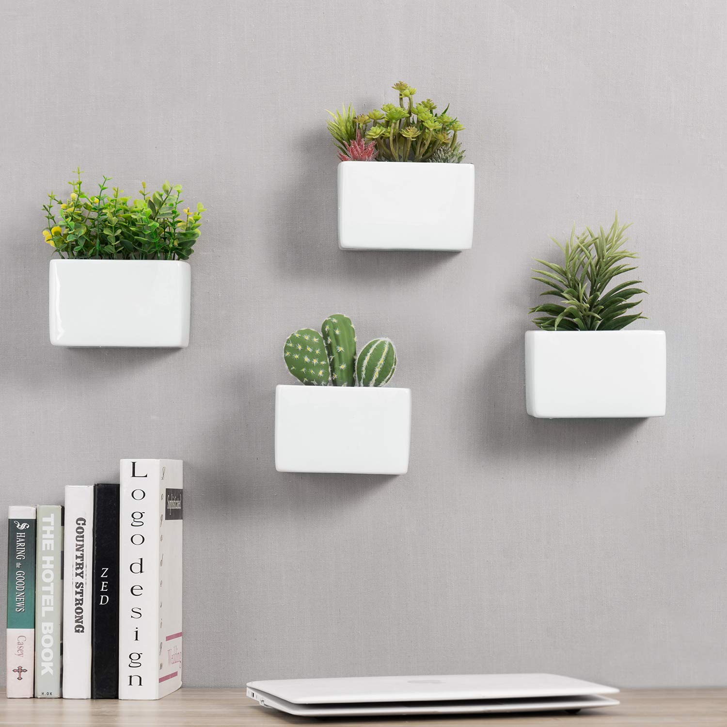 MyGift Nowoczesne białe ceramiczne doniczki wiszące, naścienna skrzynka na sukulenty i zioła, zestaw 4 szt