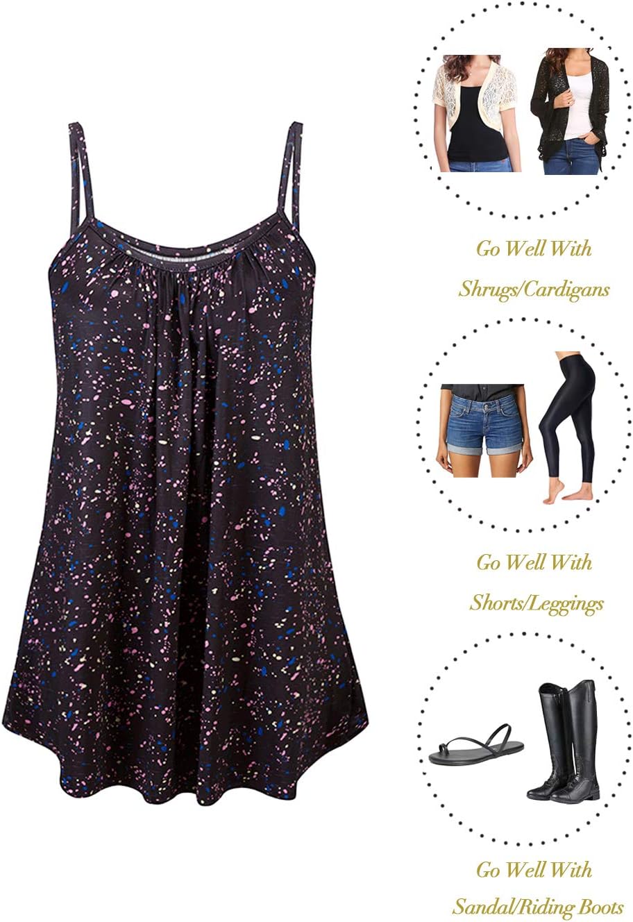 Kaei&Shi Print Long Vest,Flowy Tank Top for Women,Loose Cami,Pleated Dressy Swing Spaghetti Strap Camisole - Image 4