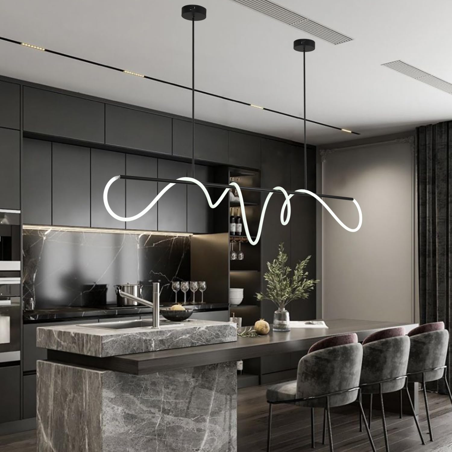 Photo 1 of Modern LED Pendant Light Kitchen Island Lighting Black Modern Led Chandelier Light Fixture for Dining Room 70.86 inch DIY Outlook 3-Color LED Dining Room Light Fixture with Soft Silicone Lamp Strip