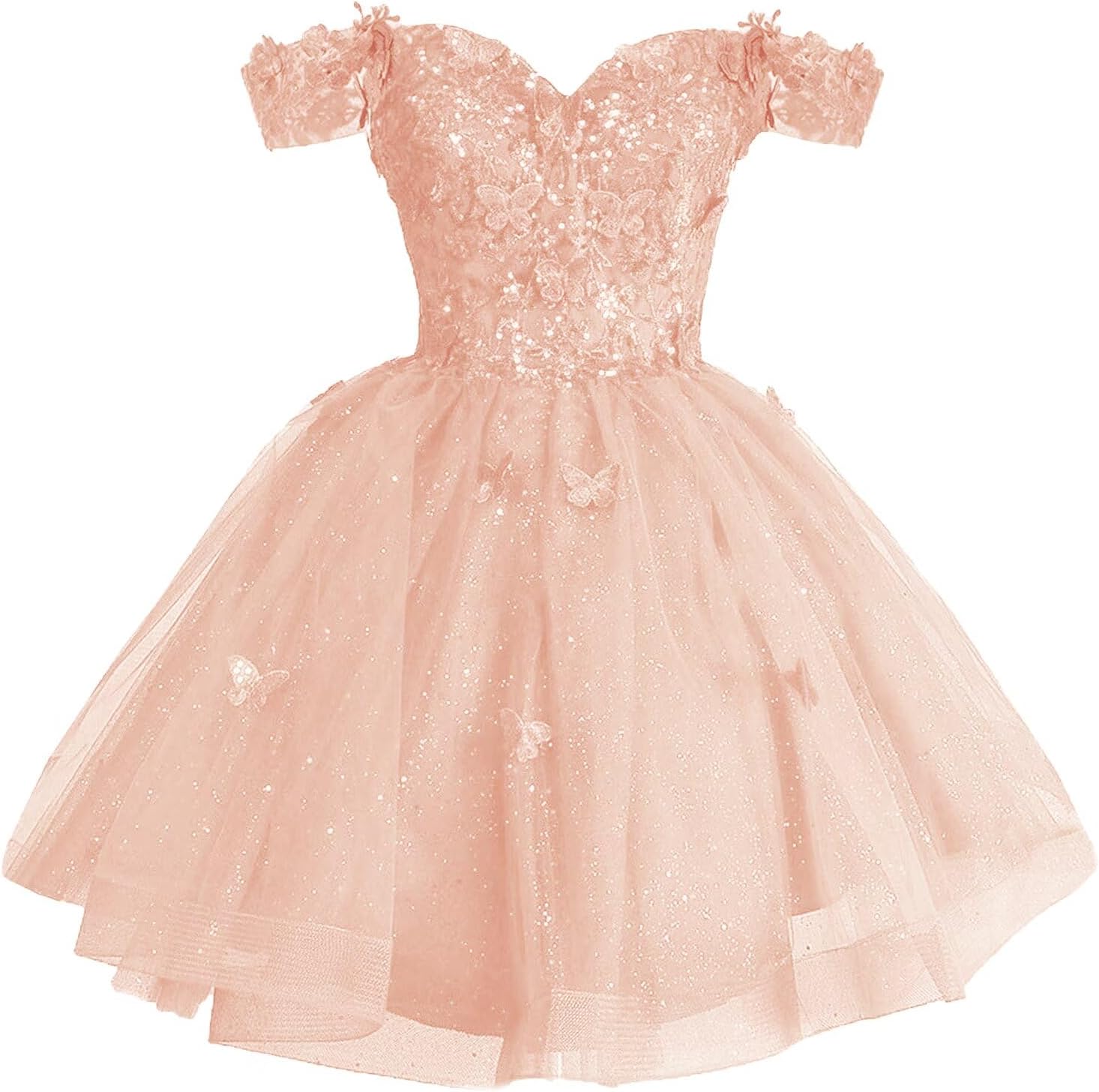 Off Shoulder Homecoming Dresses for Teens Sparkly Tulle Short Prom Dress 3D Butterfly Quinceanera Dresses Ball Gown