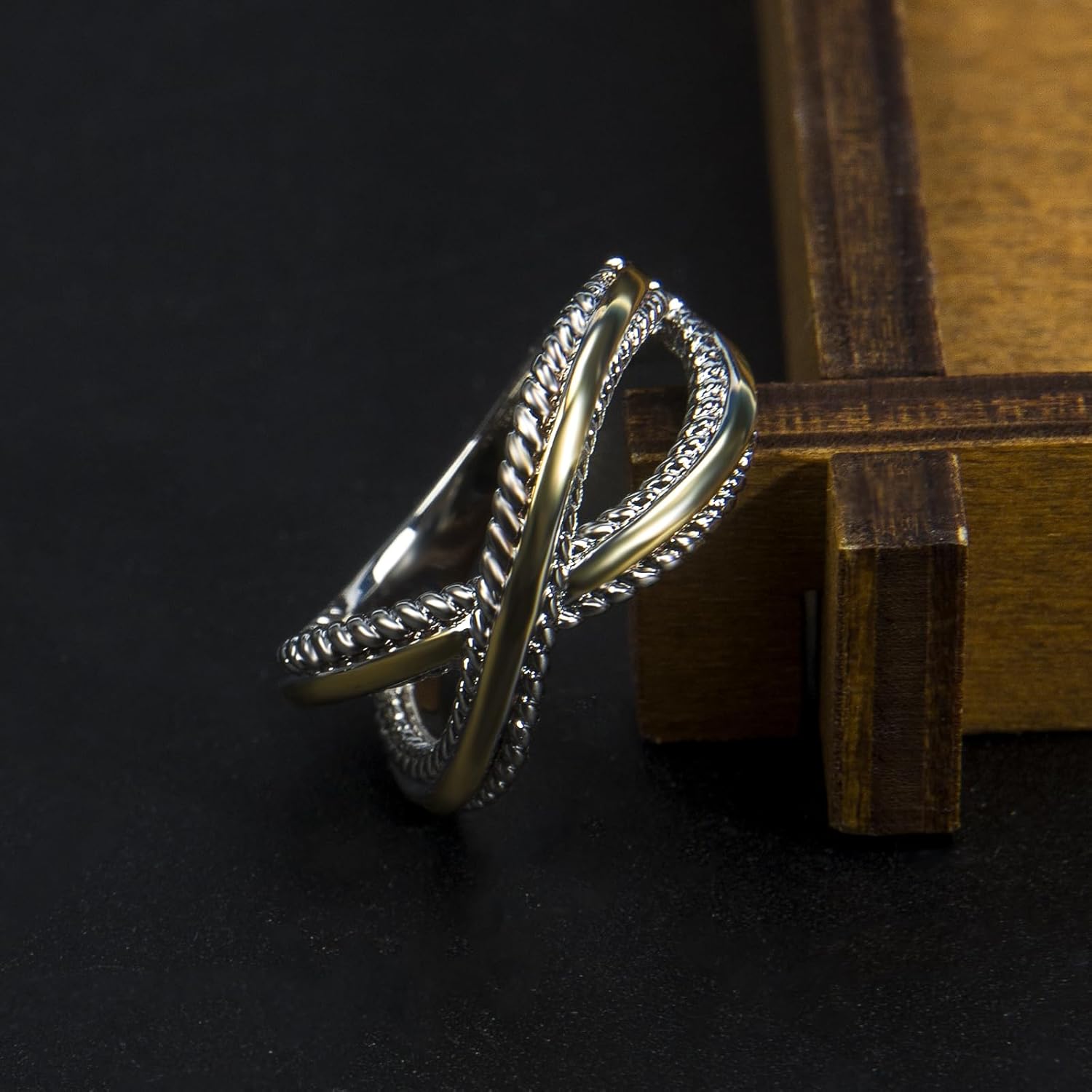 Designer Inspired Jewelry Two Toned Twisted Cable Wire Eternity Knot Ring Trendy Crossover Ring for Women Gift - Image 7