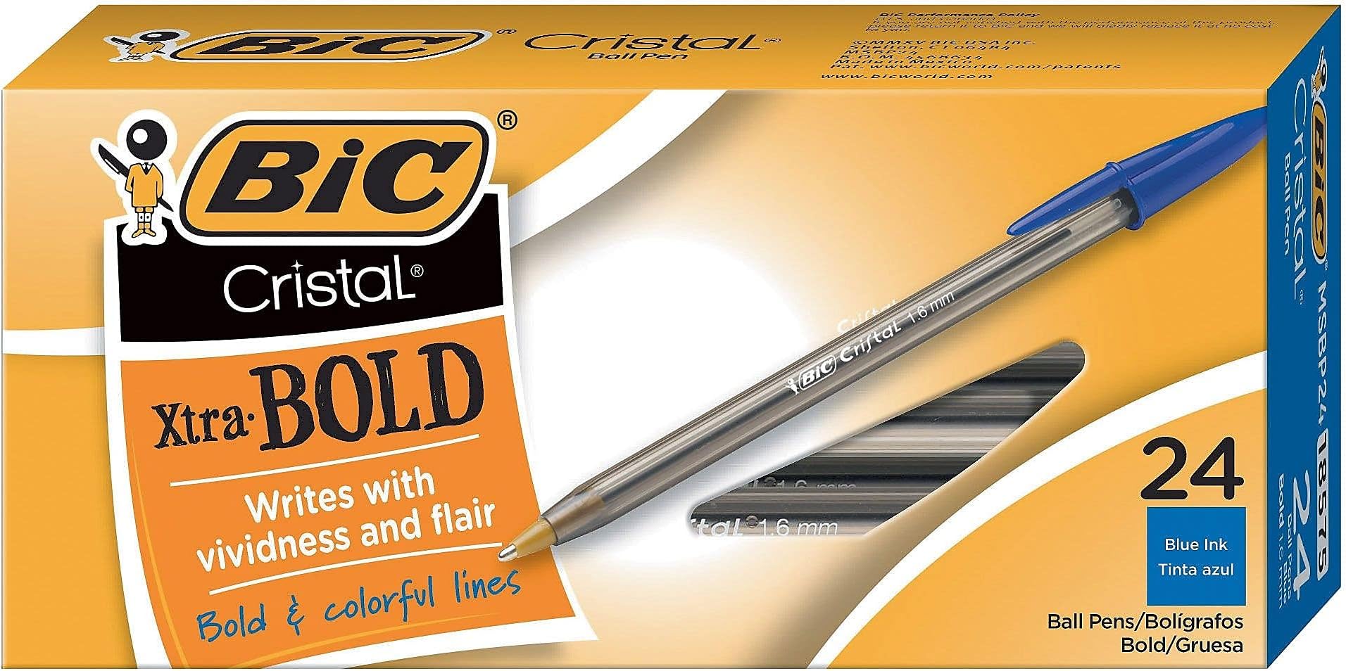 Cristal Xtra Bold Ballpoint Pens, Bold Point (1.6mm) For Vivid And Dramatic Lines, Blue Ink, 24-Count Pack, Perfect Ink Pens