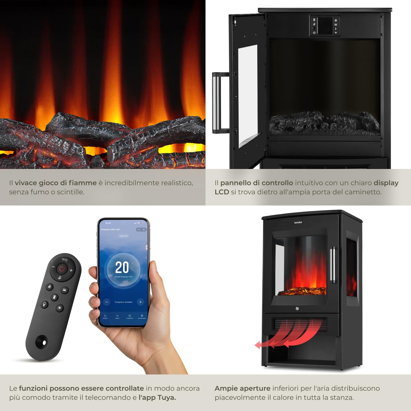 tectake® Caminetto elettrico da terra, 44 x 75 x 36 cm, Camino Elettrico Smart, 2 livelli di calore 900/1800 W, fiamma 3D, 8 colori, 5 livelli luminosità, app Tuya, telecomando, timer, Stufa Elettrica