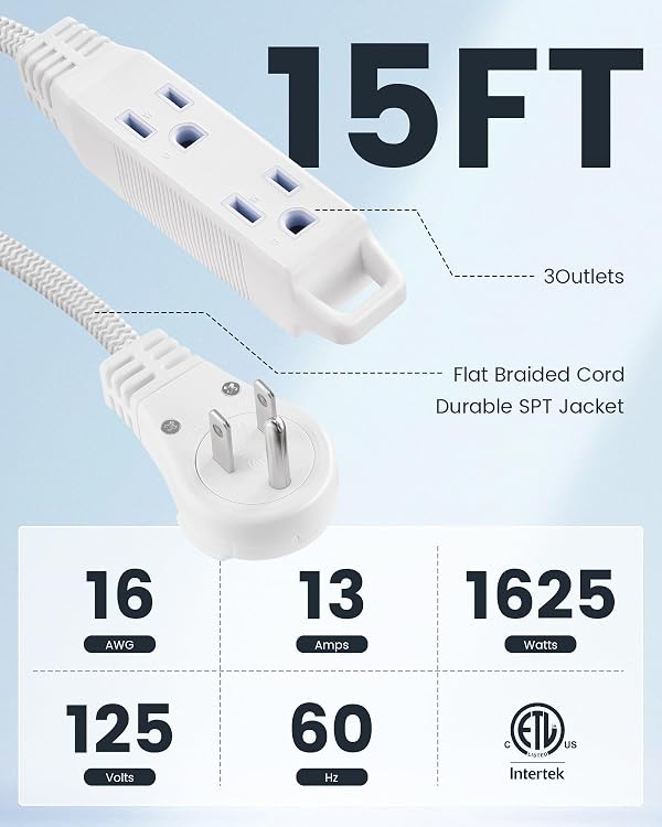 SURAIELEC 15FT 360° Rotating Extension Cord with Multiple Outlets, 3-Outlet Braided Flat Wall Plug, 16 AWG Thin White Extension Cord for Indoor Lights, Small Spaces, Right Angle Socket, ETL Listed by SURAIELEC - Used condition - Image 2