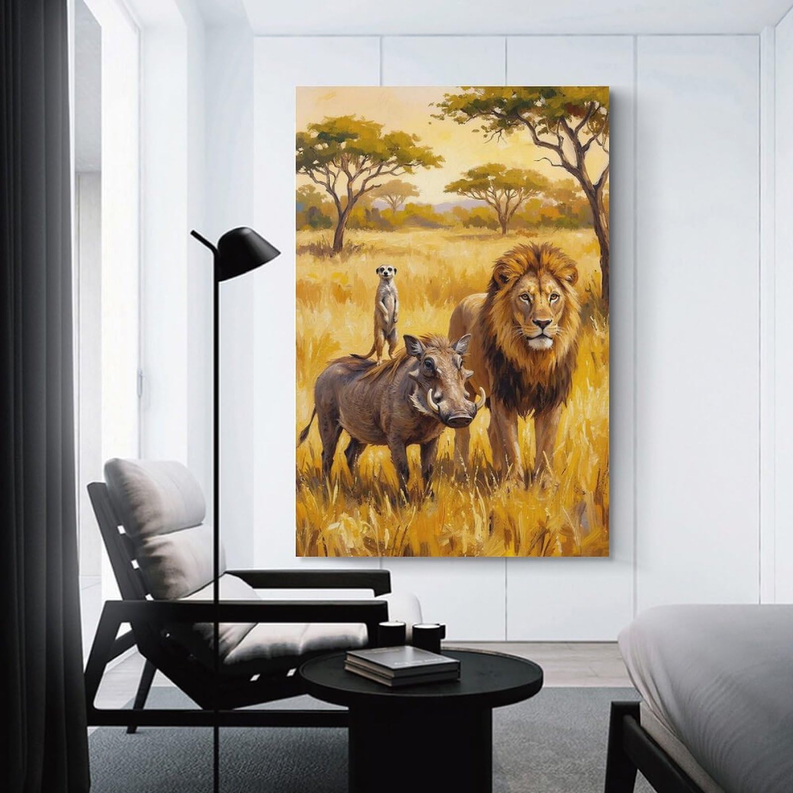 Junmoney Hanging Wall Art Lion, Warthog, And Meerkat in Savannah, 20x30inch(50x75cm), for Living Room, Bedroom Or Apartment Walls, Decorative Artwork for Empty Walls