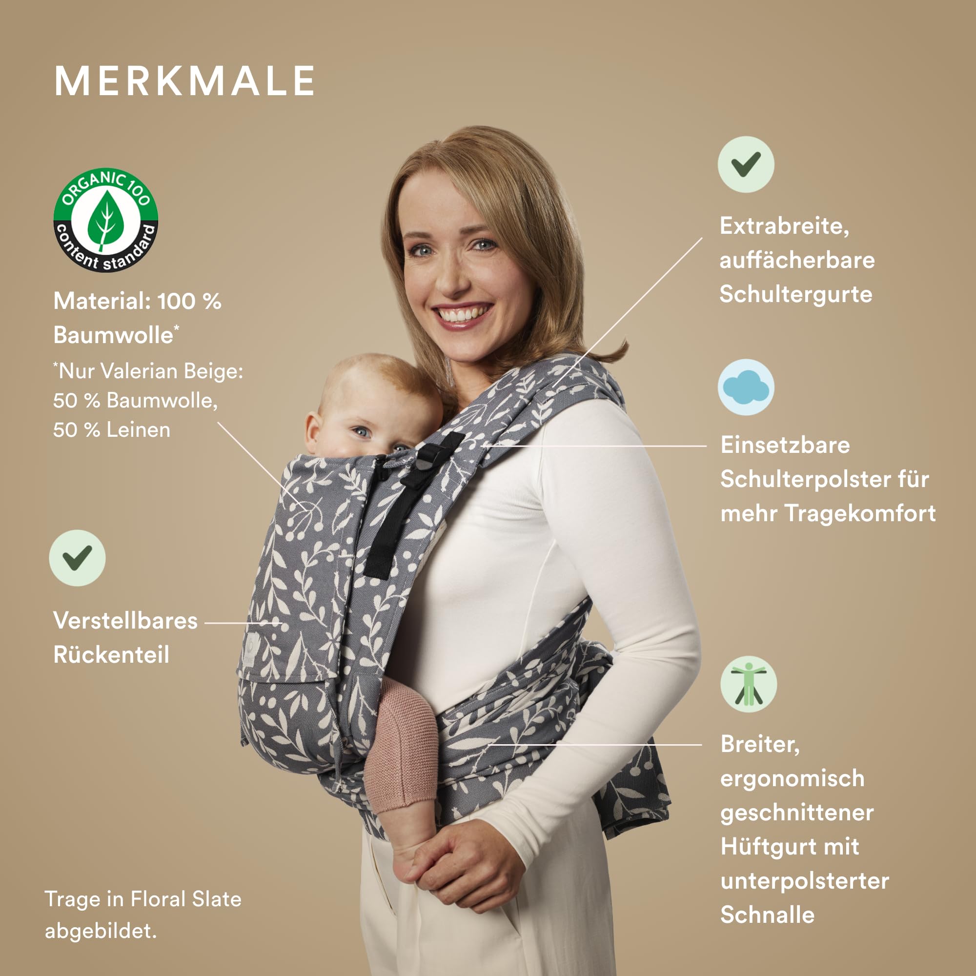 Stokke Limas Carrier Plus Floral Beige OCS Half Buckle Babytrage Drei Trageoptionen 4-18 kg