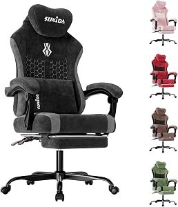 SUKIDA Gaming Stuhl, Ergonomischer Schreibtischstuhl mit Fußstütze Kopfstütze und Lendenkissen, Schreibtischstuhl mit Stoffoberfläche Hochwertiger – Stoff, Schwarz