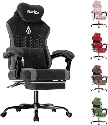 SUKIDA Gaming Stuhl, Ergonomischer Schreibtischstuhl mit Fußstütze Kopfstütze und Lendenkissen, Schreibtischstuhl mit Stoffoberfläche Hochwertiger – Stoff, Schwarz