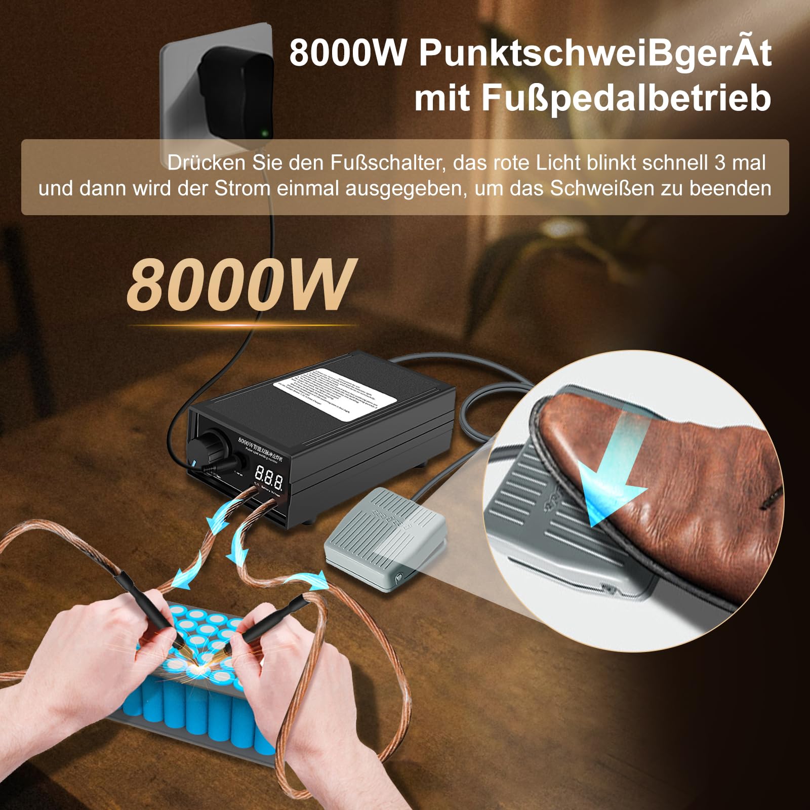 8000W Punktschweißgerät für Akkus, Akku Schweißgerät mit Fußpedal Nickelband und Punktschweißstift, Hochleistungs-Handschweißgerät für 18650 Akku-Pack-Schweißgeräte