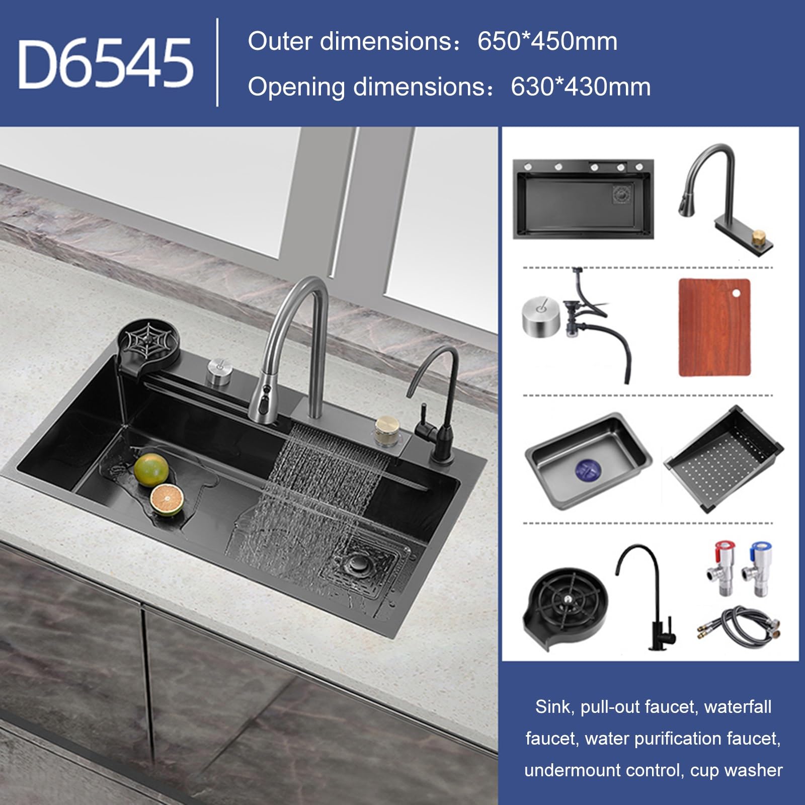 Lavello da Cucina,lavelli a Cascata Nano in Acciaio Inox 304,lavello Vasca Singola,lavello postazione di Lavoro con Rubinetto Estraibile,scolapiatti Controllo del bancone/lavabicch