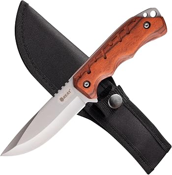 REAT Fixed Blade Knife,8 inch 440 Stainless Steel Bushcraft Knife for Camping,Skinning,Outdoor,Wood Handle,Nylon Sheath Included,Gifts for Husband,Father,Friend