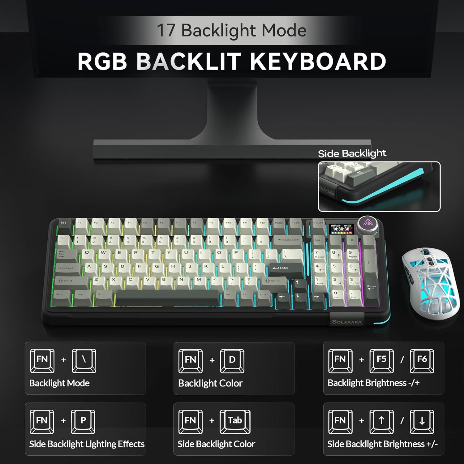 SOLAKAKA A99 Pro Wireless Mechanical Keyboard with LCD Screen & Metal Knob, 2.4GHz/BT5.0/USB-C, RGB Backlit Gaming Keyboard, Hot Swappable, Creamy Keyboard with Gasket Structure, for Win/Mac