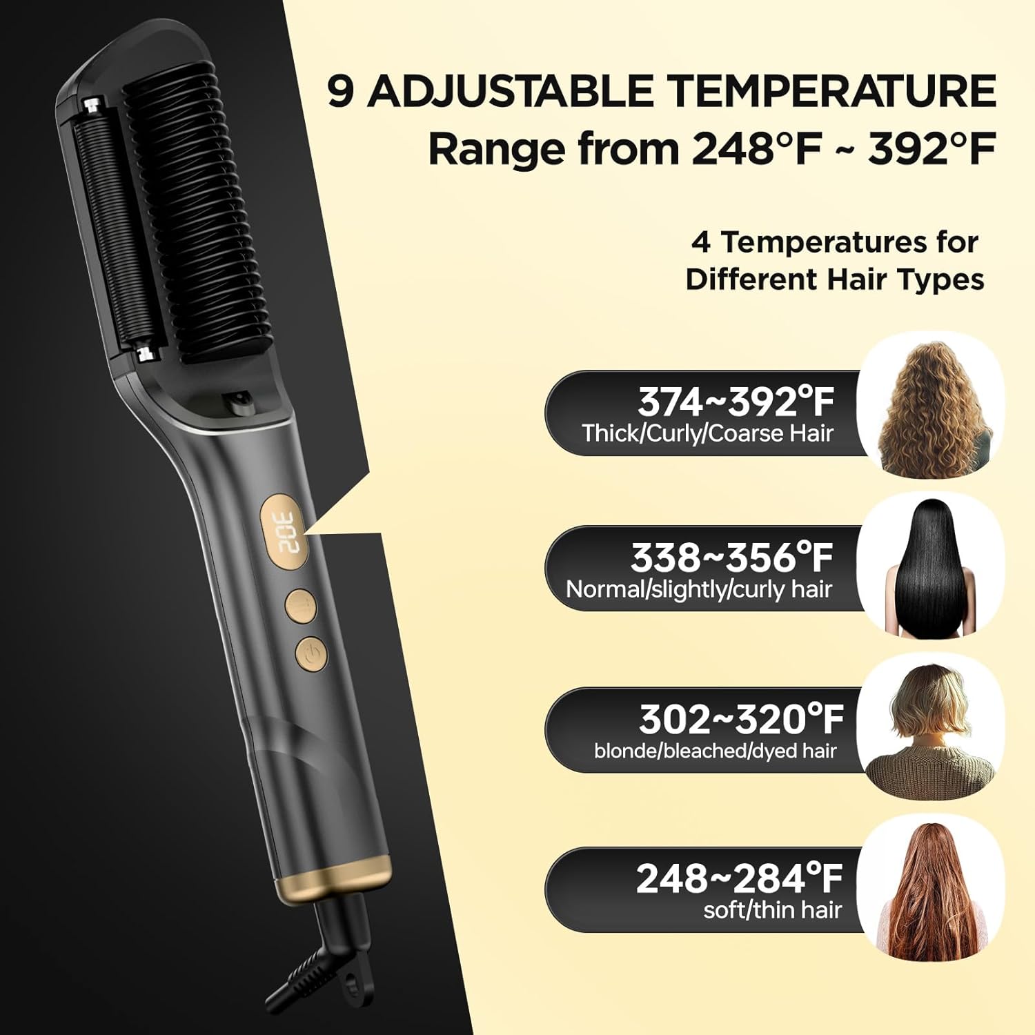 Hair Straightener Brush, Upgraded Ionic Hair Straightener Comb with Oil-Infused, Anti-Frizz Ceramic, Anti-Scald, 9 Temp Settings & LED Display, Dual Voltage, Straightening Brush for All Types - Image 5