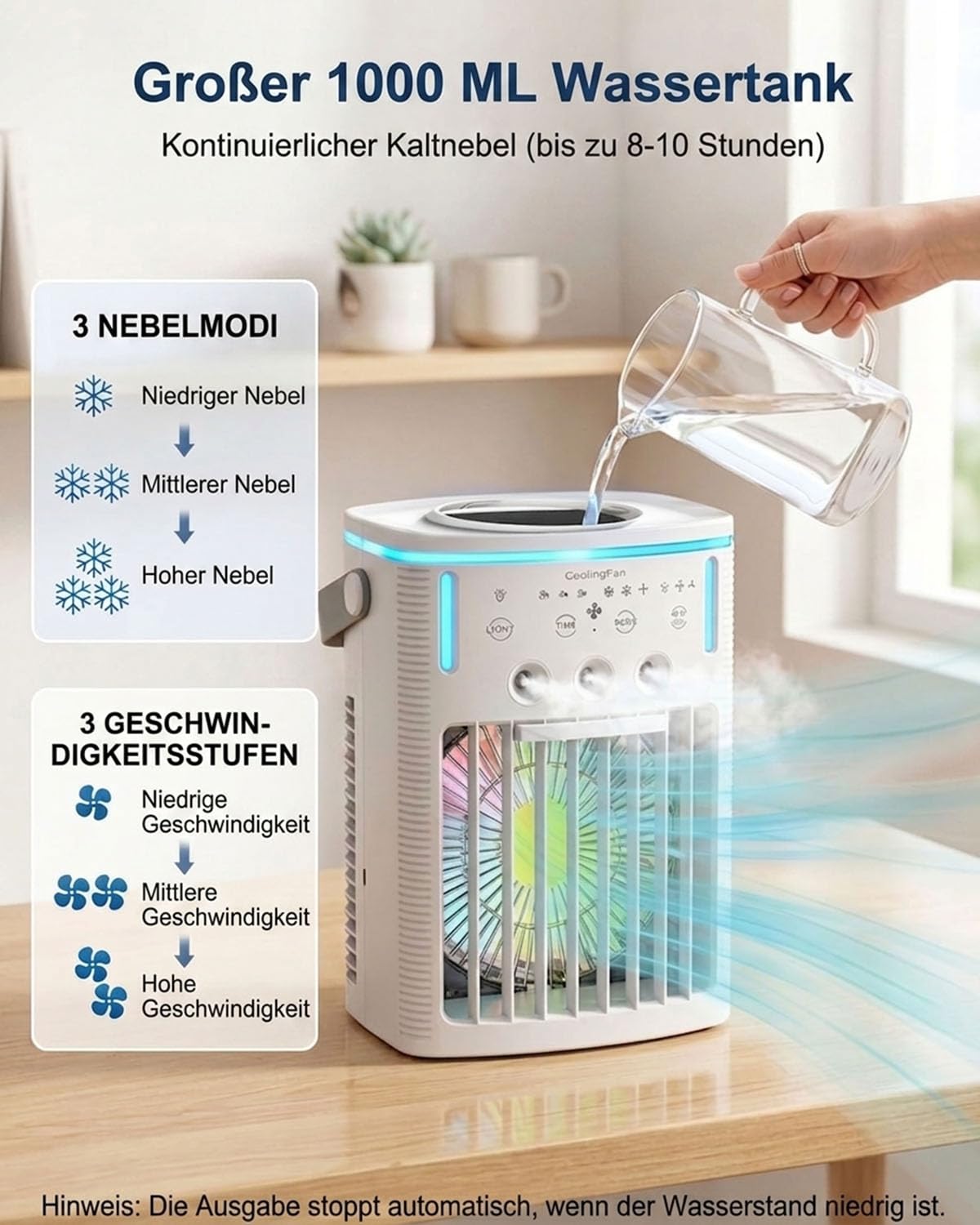 Mobile Klimaanlage, 4-in-1 Mini Klimagerät mit 1000ml Wassertank, 3-in-1 Nebel & 3 Windstufen, Touch & Fernbedienung, 2/4/8h Timer, 7 Farben Nachtlicht, Typ-C, Ideal für Zuhause, Büro, Camping, Auto