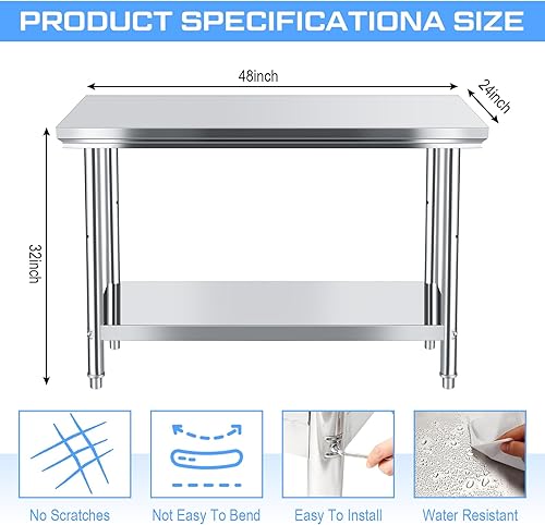 Miniatura 2 de Mesa de preparación de acero inoxidable de 48 x 24 pulgadas, mesa de trabajo comercial de acero inoxidable con estante inferior ajustable, doble