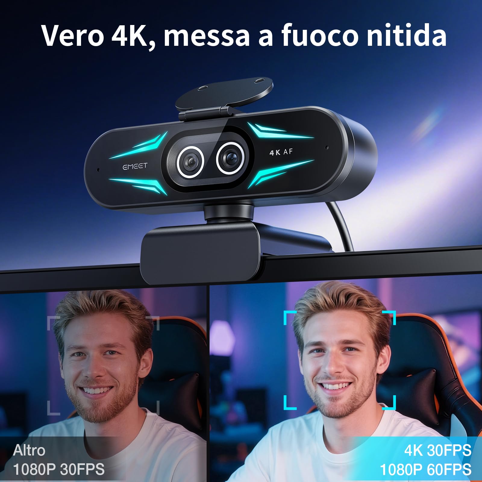 EMEET Webcam 4K con doppia fotocamera, con Obiettivi Grandangolari e Telefoto, Zoom Ibrido fino a 11X e Autofocus PDAF, Telecomando, Illuminazione RGB, 2 Microfoni, Ideale per Live Streaming