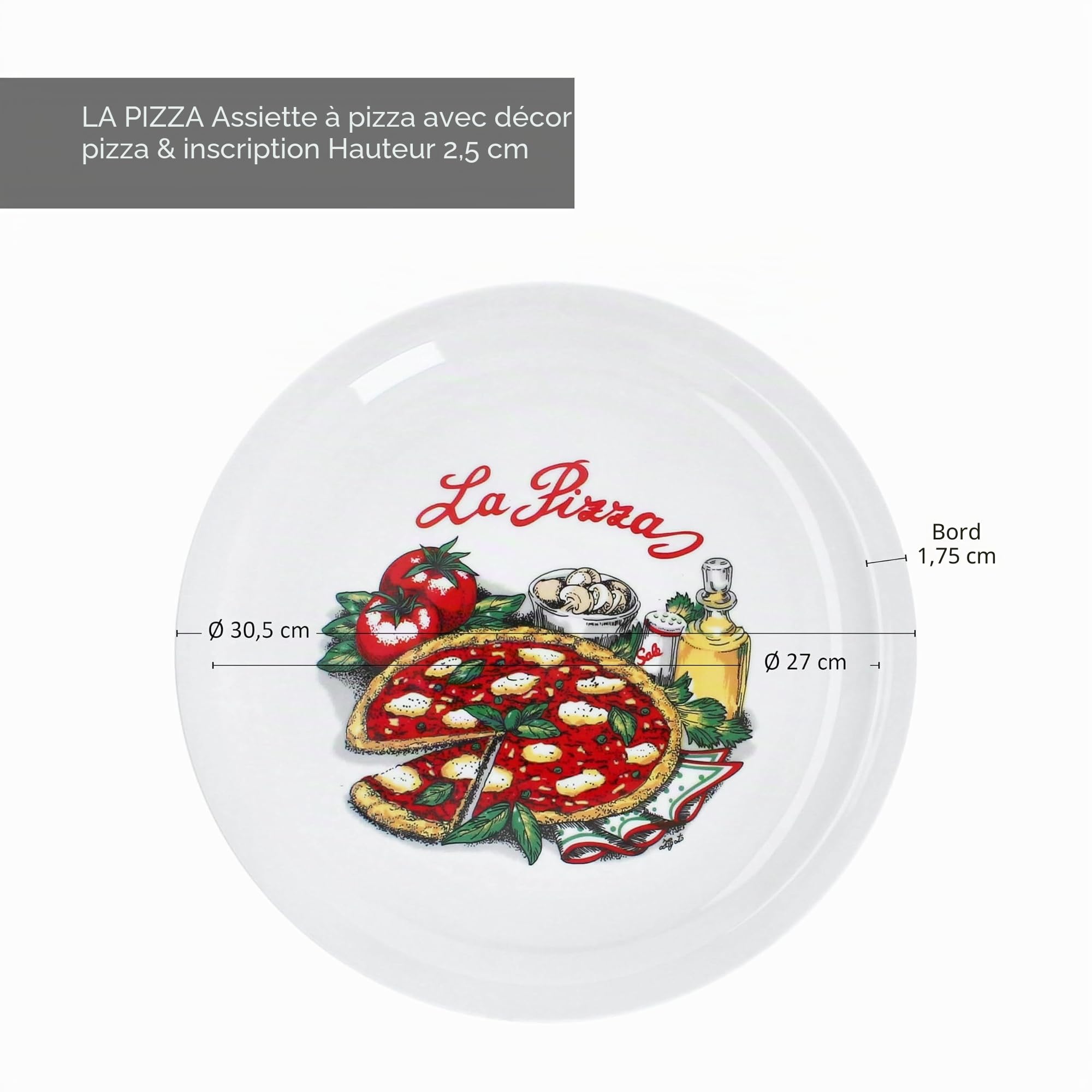 MamboCat Lot de 6 assiettes à pizza Diamètre : 30,5 cm - Pour 6 personnes - Assiettes en porcelaine décorées - Pour pizzas ou pour servir