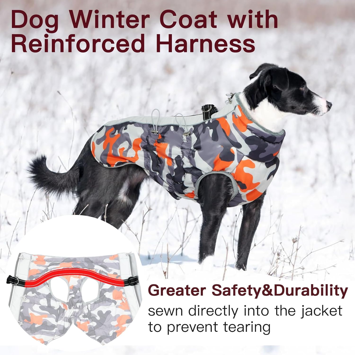 Dog Coat Dog Winter Jacket-3X Large, Warm Dog Coat Zip Up Snowsuit Dog Harness Vest Reflective Water-Resistant Dog Coat Dog Snow Jacket for Large Dogs Labrador, Huskyn, Orange-Camouflage