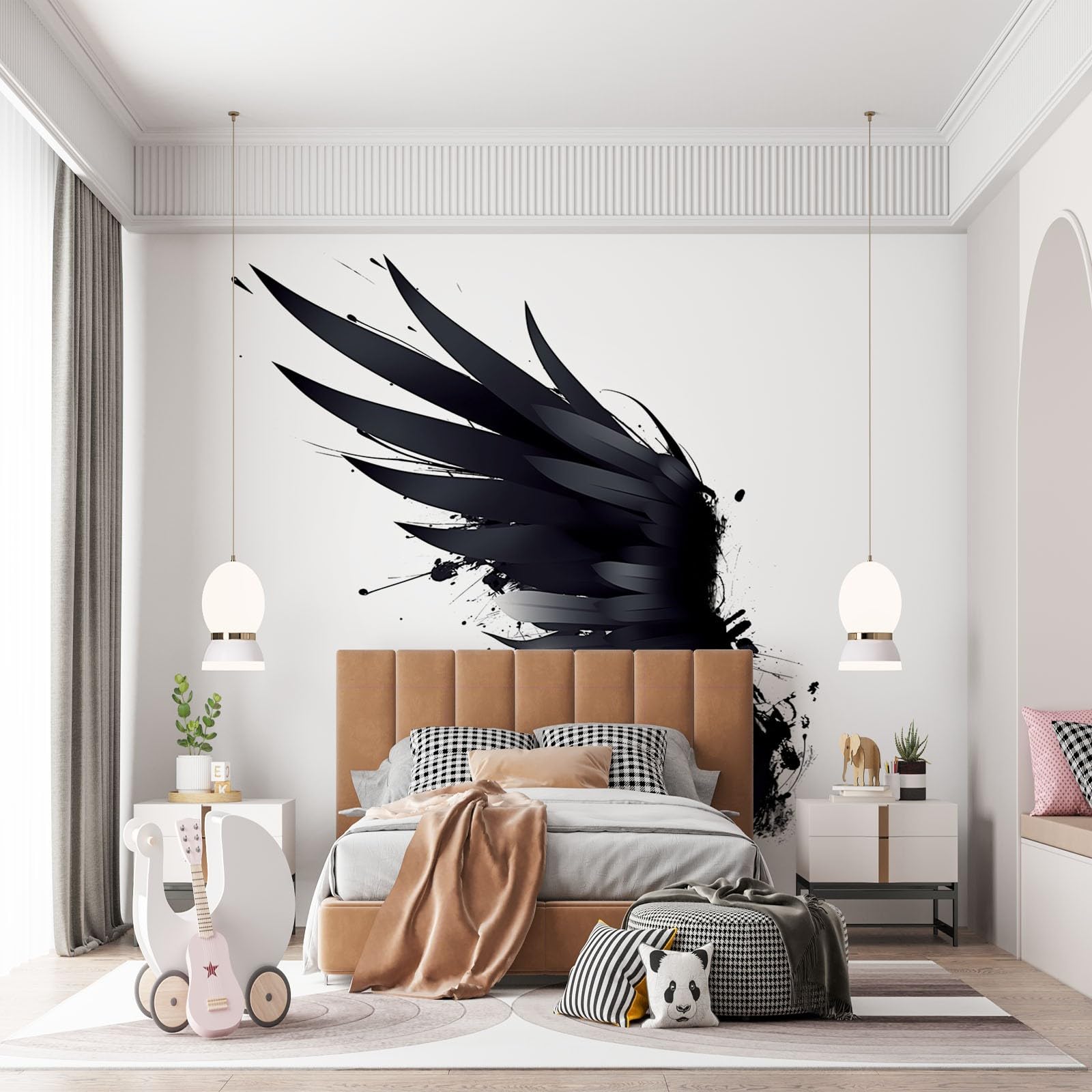 Nowoczesny prosty design skrzydła z piórami, mural, czarna tapeta mural na ścianę akcentującą w sypialni, salonie lub przedpokoju, panoramiczna tapeta plakatowa, 250 x 175 cm (szer. x wys.)