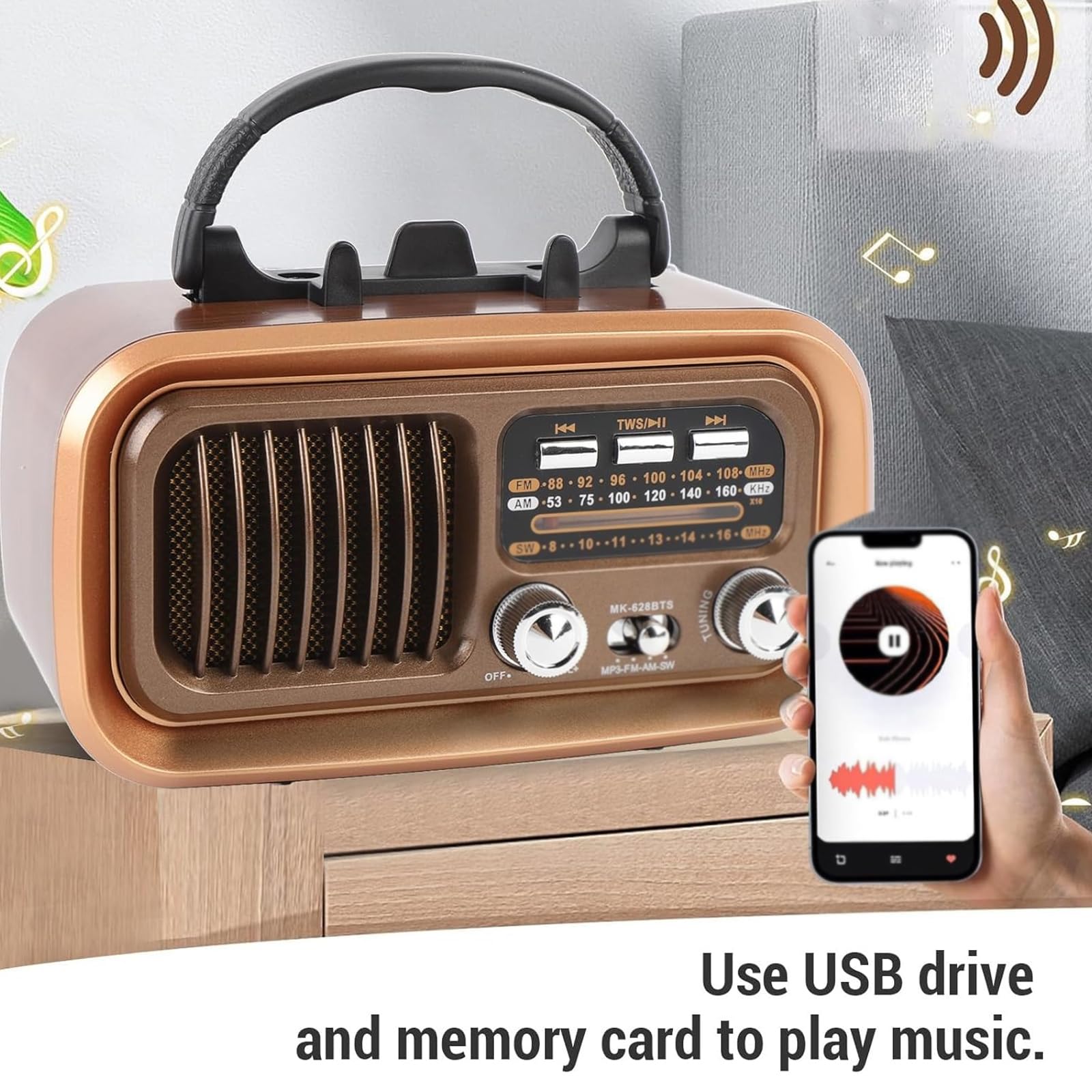 Radio Multifuncional de Tres Bandas, Estilo Retro con energía Solar, Perilla Independiente e indicador de frecuencia, Compatible con Tarjeta TF/USB. Ideal para Personas Mayores