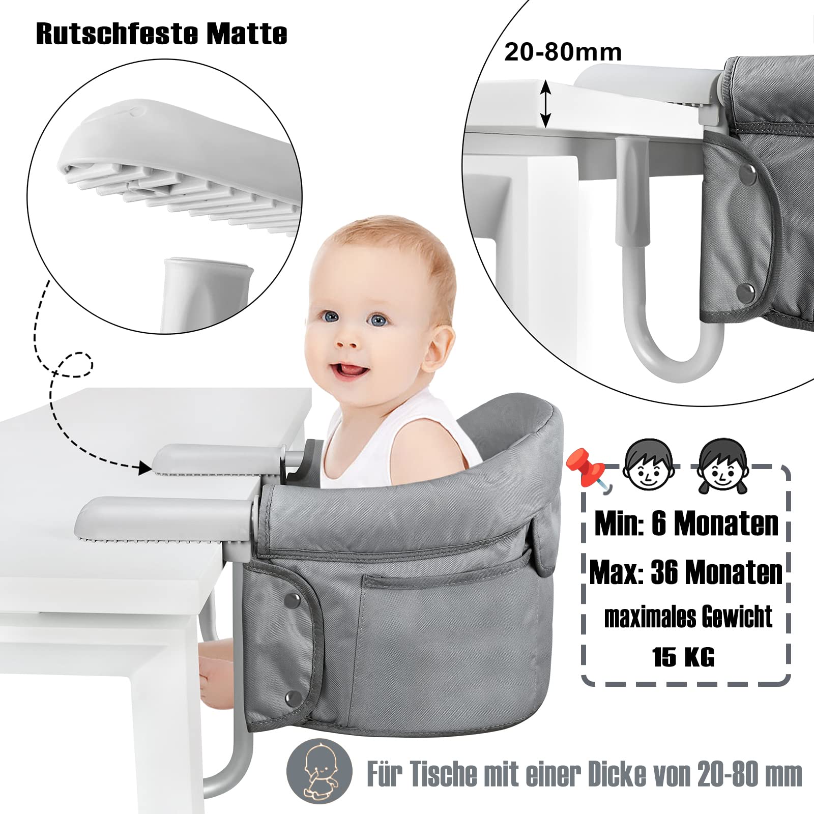 NAIZY Seggiolino da Tavolo per Bambini Pieghevole 30x24x31 cm Manico Antiscivolo Borse Portaoggetti Fino a 15 kg - Da 6 a 36 Mesi