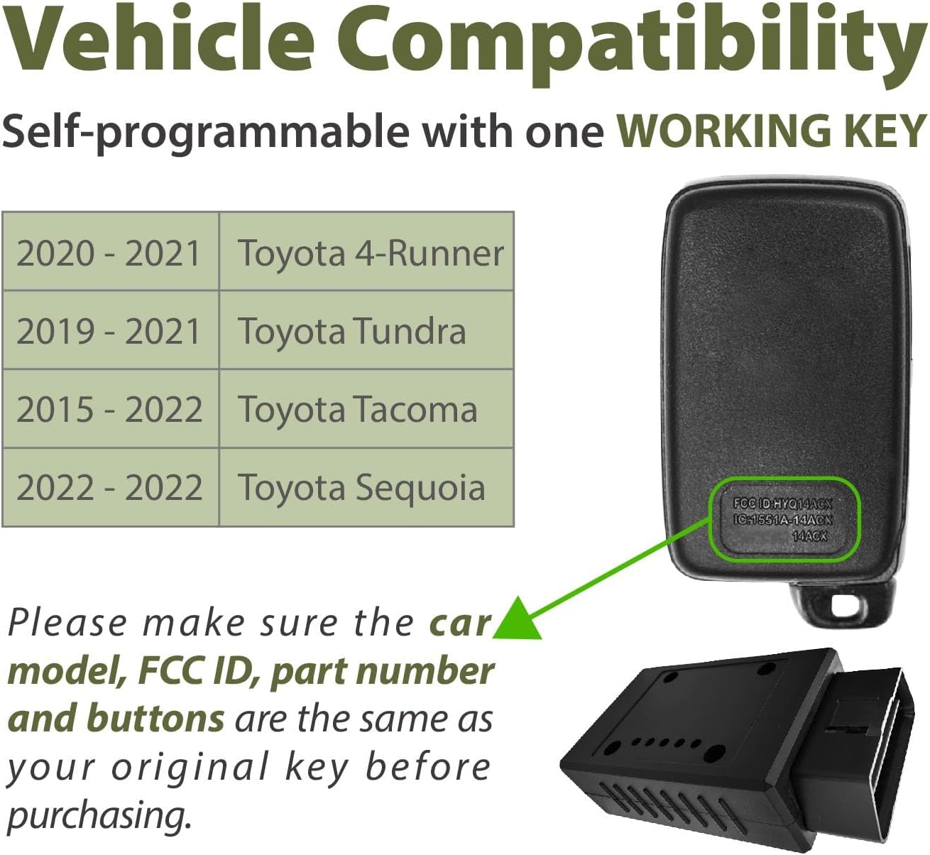 Smart Key Fob Replacement for 2015 2016 2017 2018 2019 2020 2021 2022 Toyota 4-Runner Tundra Tacoma Sequoia 231451-0010 HYQ14FBB Keyless Entry 3 Buttons 315MHz image 2