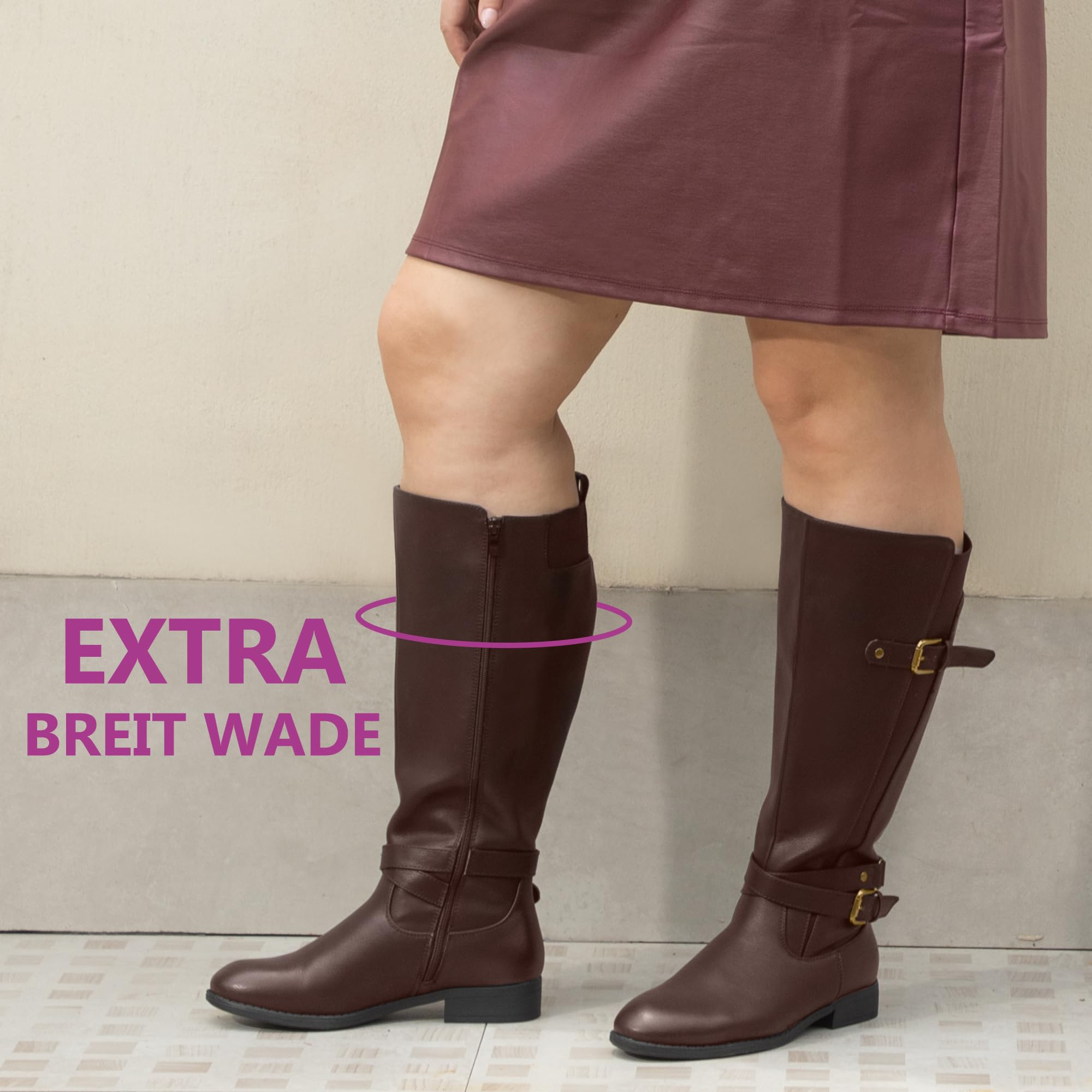 Botas de equitación para mujer, de caña ancha, tacón bajo, con correa al tobillo, diseño delgado