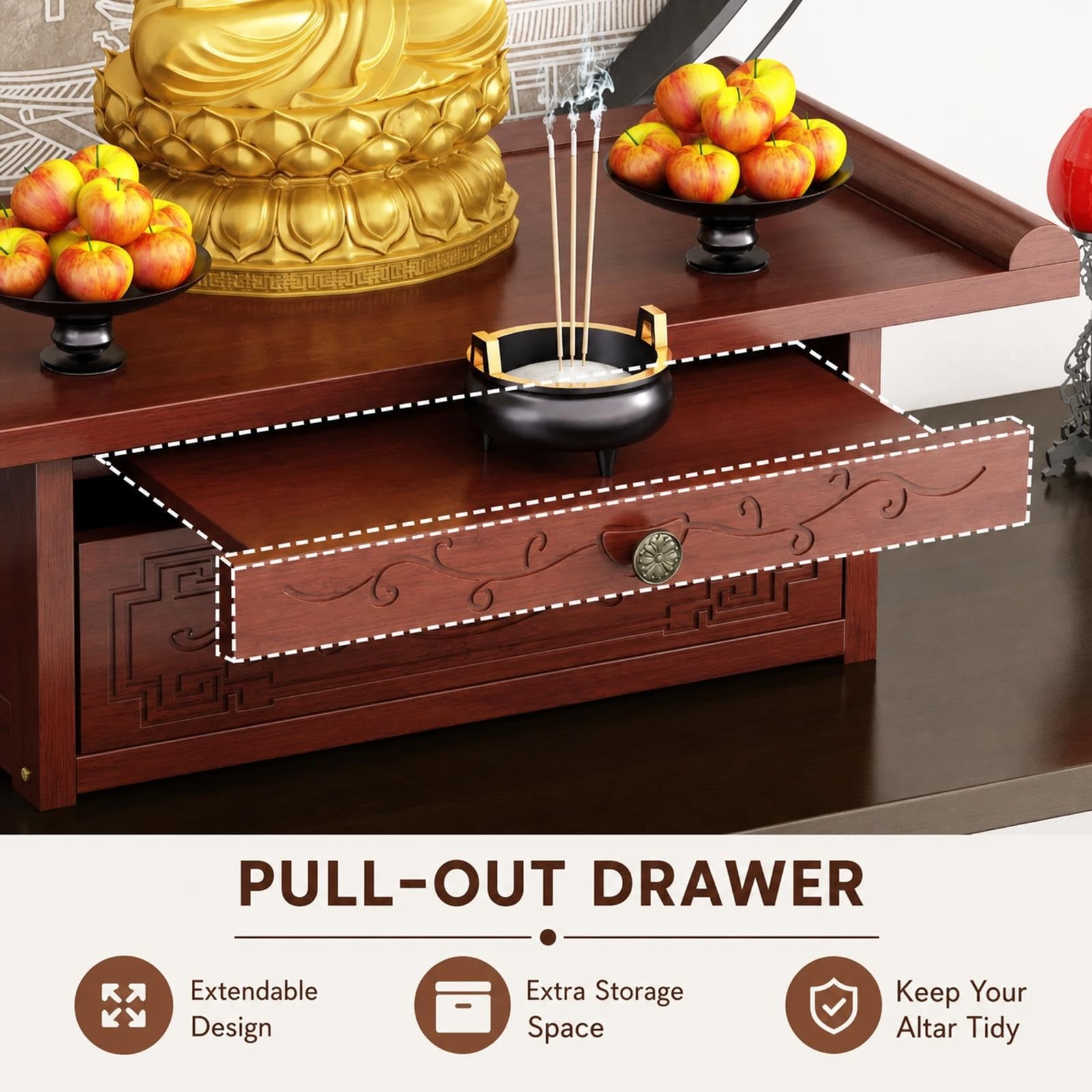 Altar de Mesa de Madera para Oración, Soporte para Buda con Cajón