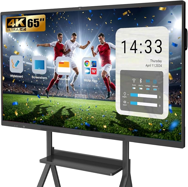 Pizarra inteligente de 65 ″, pizarra electrónica con pantalla táctil 4K UHD, ecosistema de aplicación abierta con cámara de ultra alta definición incorporada Android 14, pizarra interactiva para oficina de negocios, aula, hogar