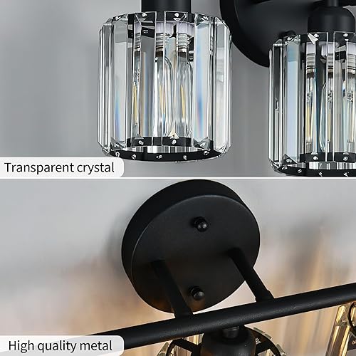 Miniatura 5 de Moderna lámpara de tocador de cristal de 3 luces, lámpara vertical negra sobre espejo para tocador y fregadero, compatible con bombillas regulables