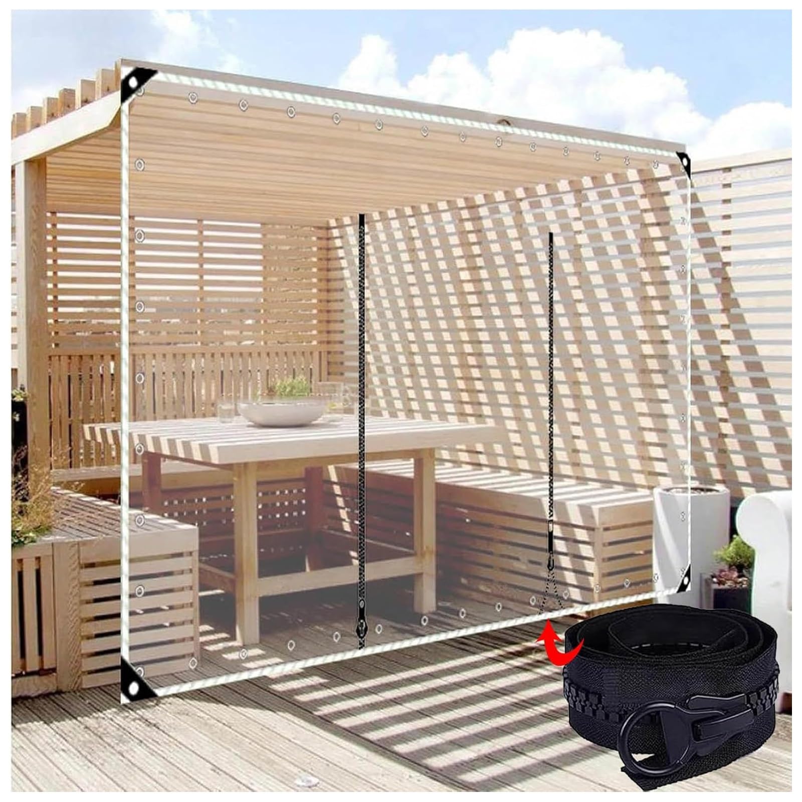 Clear PVC Curtains with Zippered Entry, Heavy Duty Waterproof and Tear-Resistant Tarpaulin with Grommets, Weatherproof Panels for Porch, Pergola, Gazebo, Balcony, Patio(H2.8xW5m/H9.1xW16.4ft)