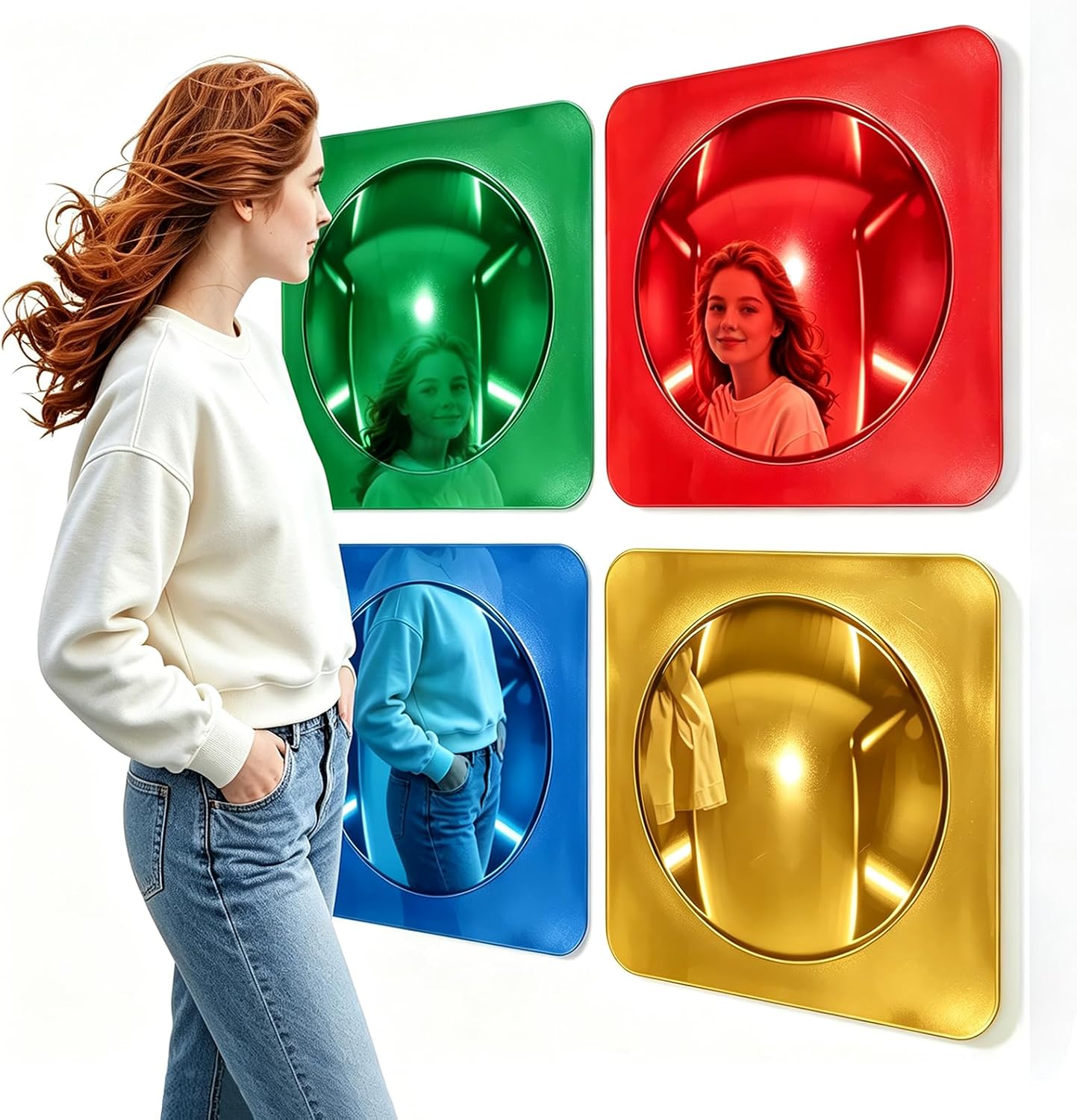4 Pcs Sensory Wall Mirror, Acrylic Bubble Mirror for Science Classroom Wall, Autism Kids Sensory Room Must Haves for Visual Tactile Stimulation(10x10 Inch,Red Yellow Blue Green)