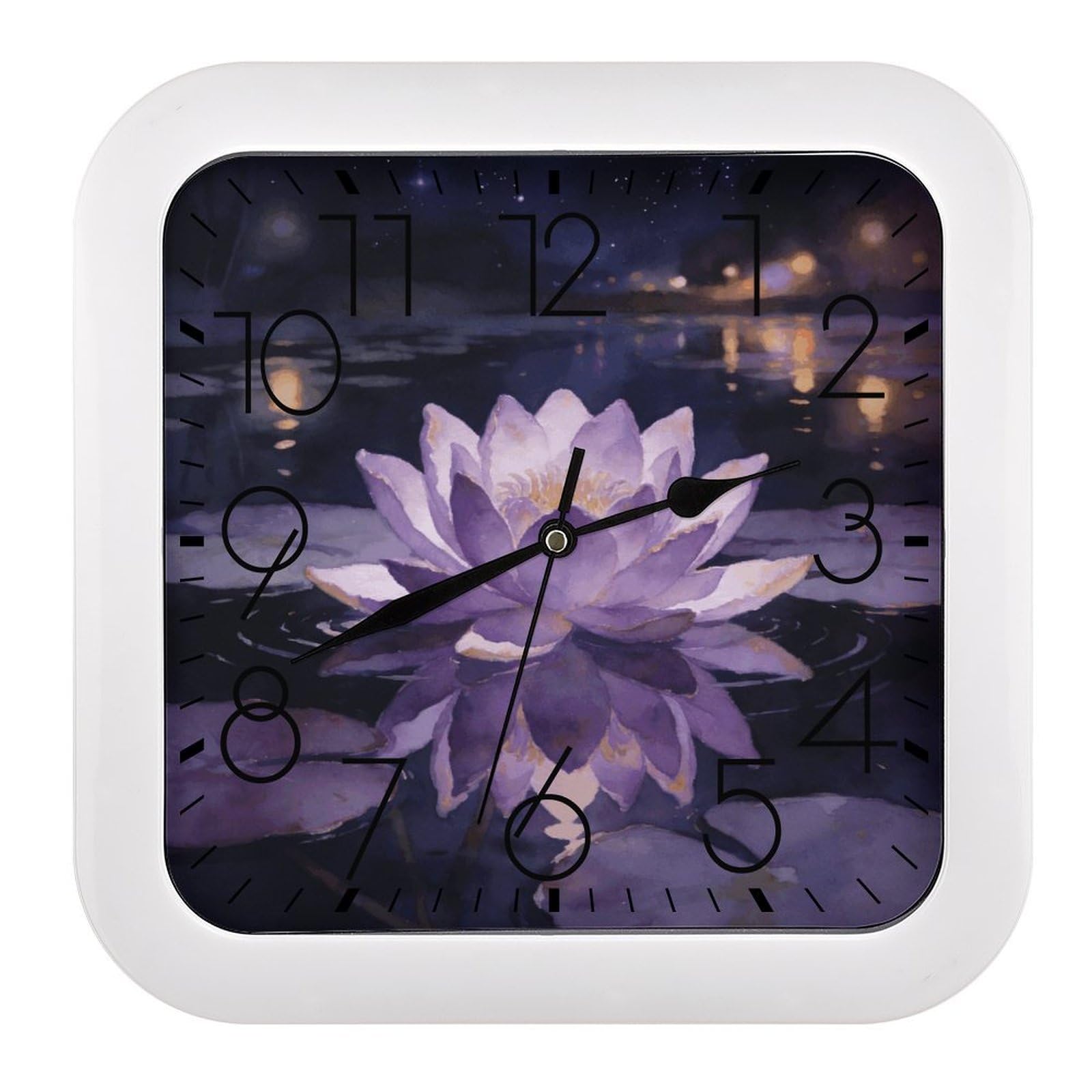Fodpand Style Night Lotus Gazing At Stars Wall Clock,Battery Operated Modern Retro Rounded Square Clock Clock For Bedroom Living Room Office Home Gym Porch Decor Indoor Outdoor 10.2 * 10.2In