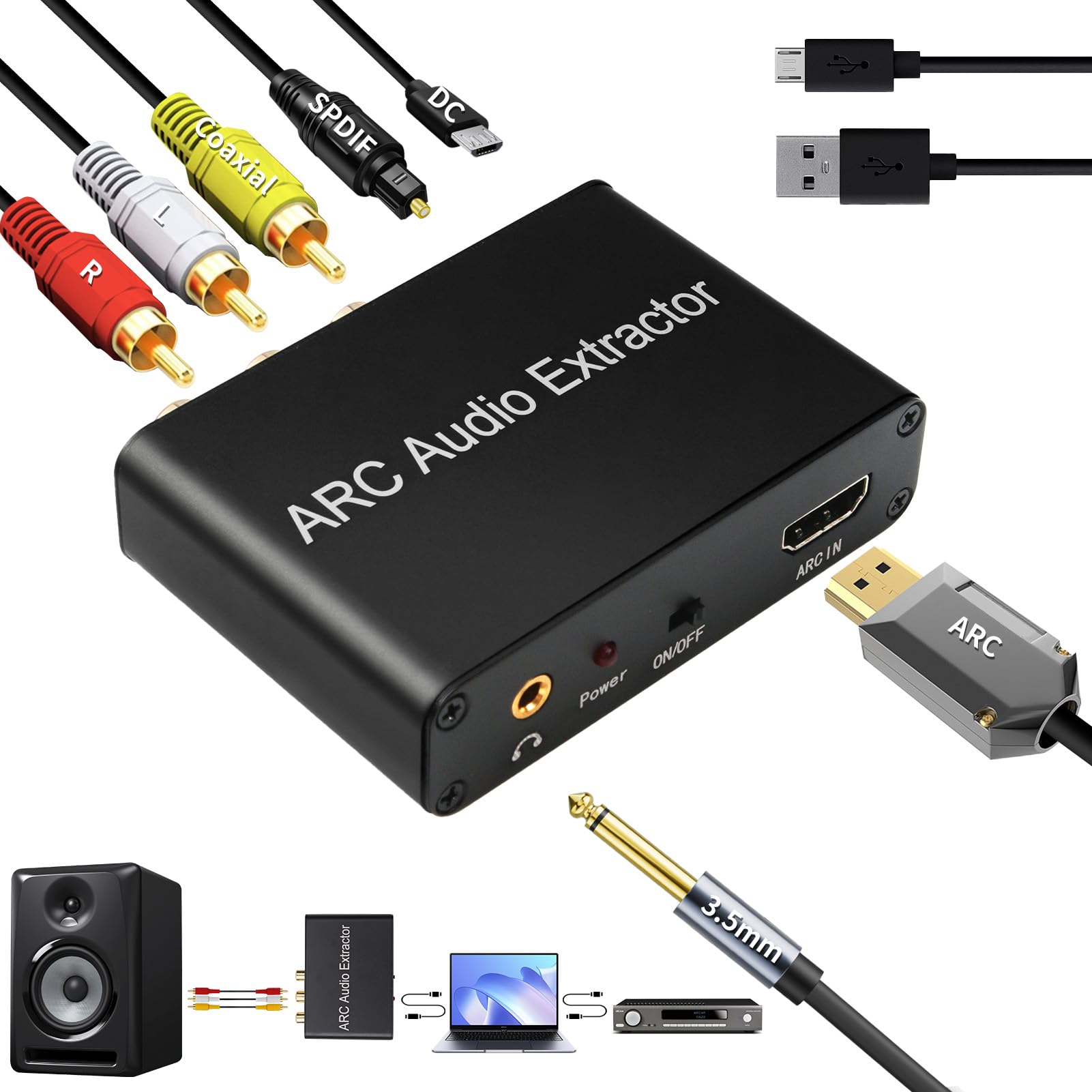HDMI Audio Extractor 192 KHz Convertisseur DAC HDMI ARC Audio Extracteur vers Optical Toslink SPDIF Coaxial Stéréo Aux RCA L/R 3,5 mm Jack pour TV Casque Soundbar Home Cinéma