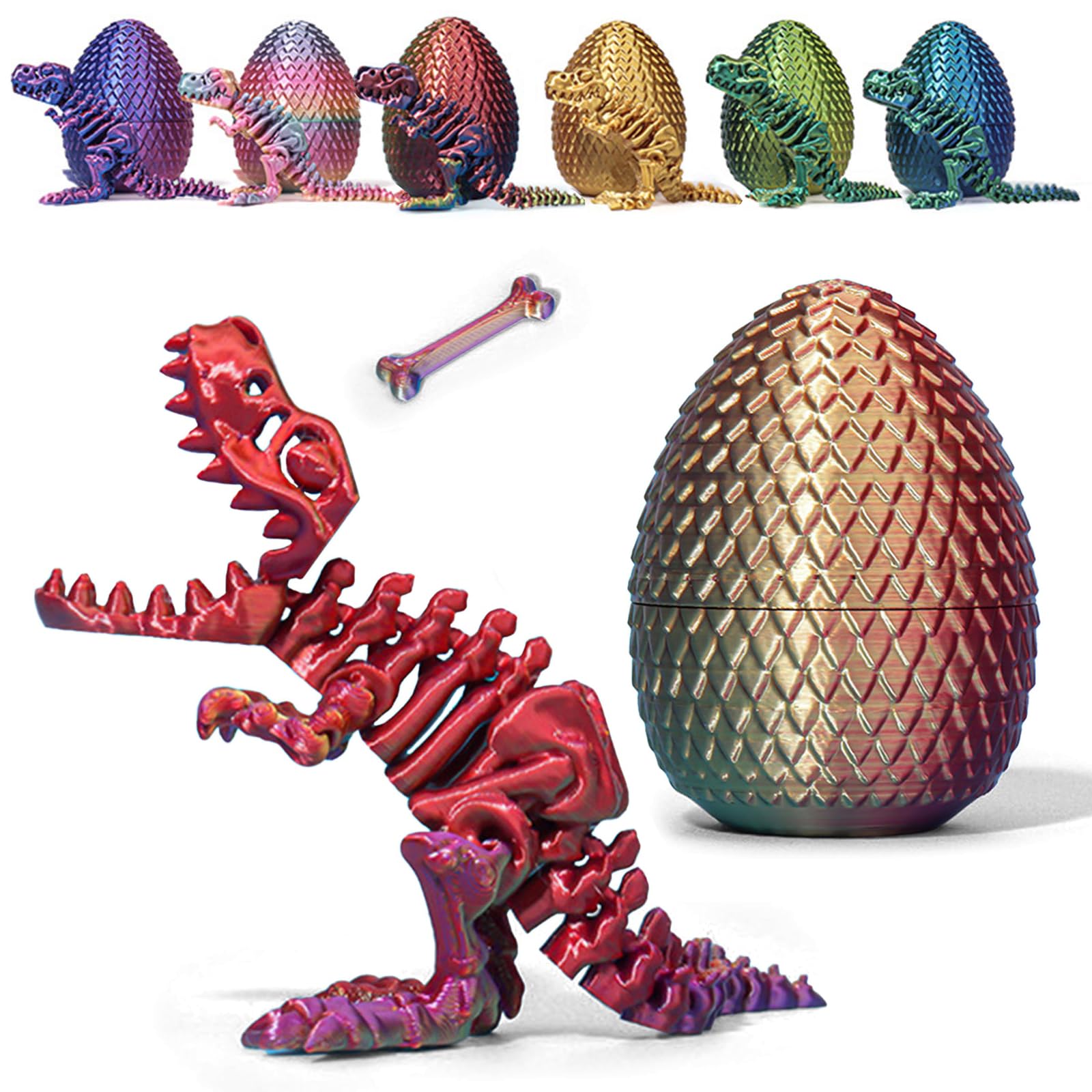 3D Printed Dinosaur Eggs with Dinosaurs Inside, Mystery Crystal Dinosaur Flexible Rex Toys with Bone, Full Articulated Fidget Dragon, Home Office Desk Decor Gift for Adult (Red & Gold)