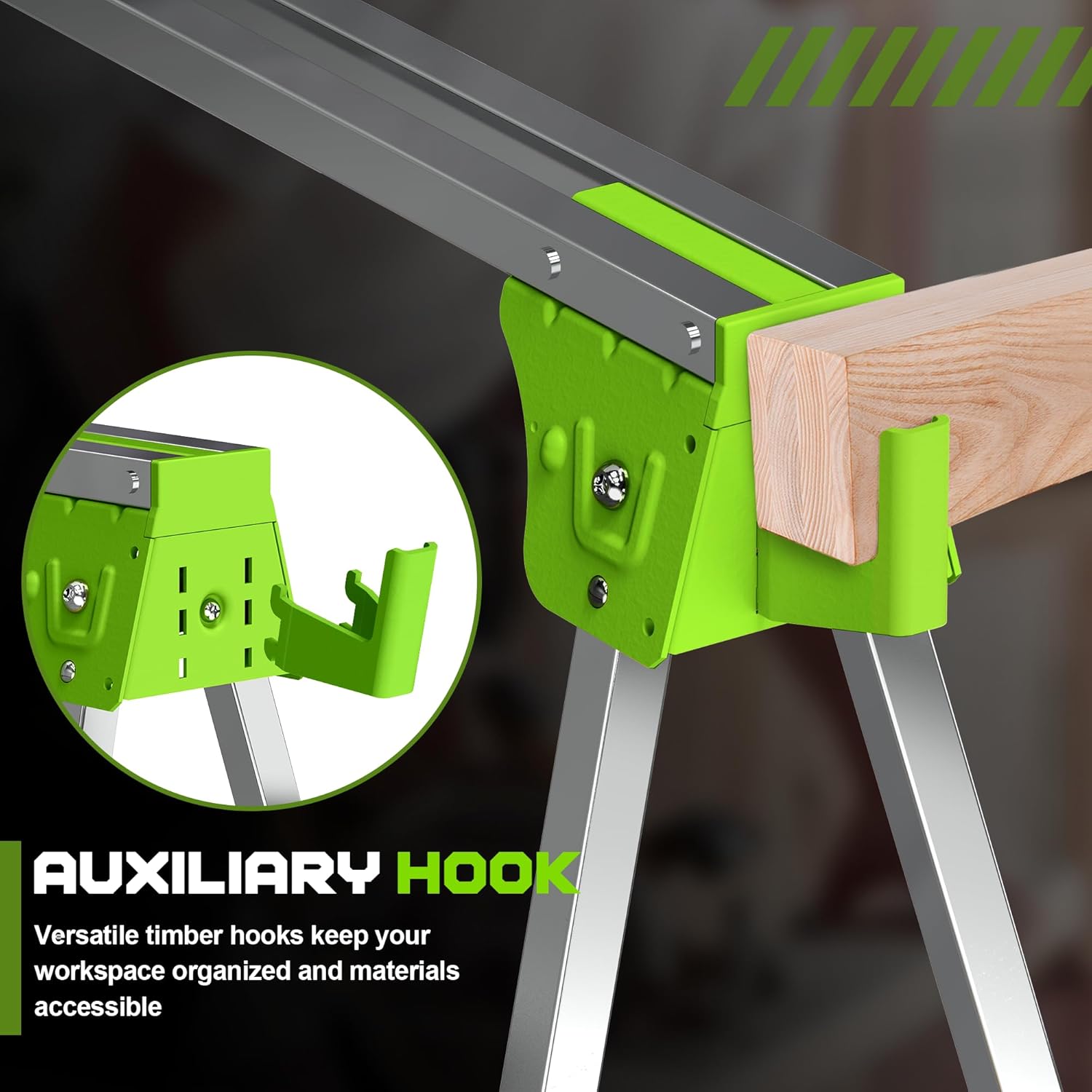 Close-up of the auxiliary timber hook on the sawhorse